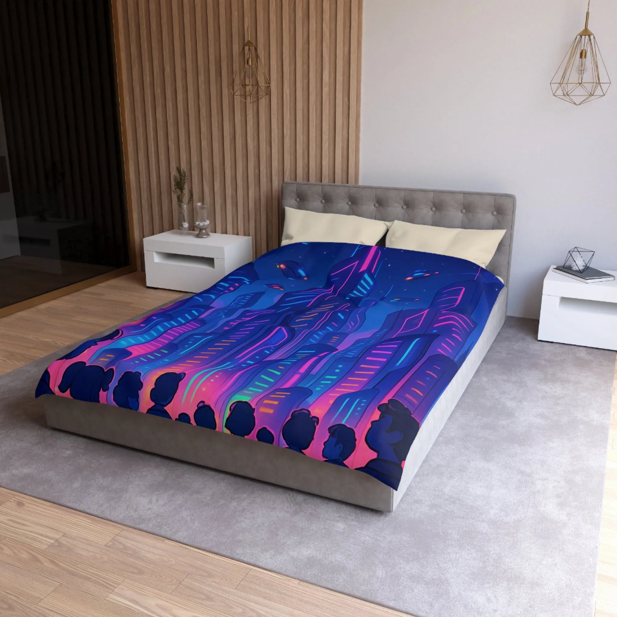 Housse de Couette Futuriste avec Gratte-Ciels Néons et Vaisseaux Spatiaux Lumineux pour Enfants