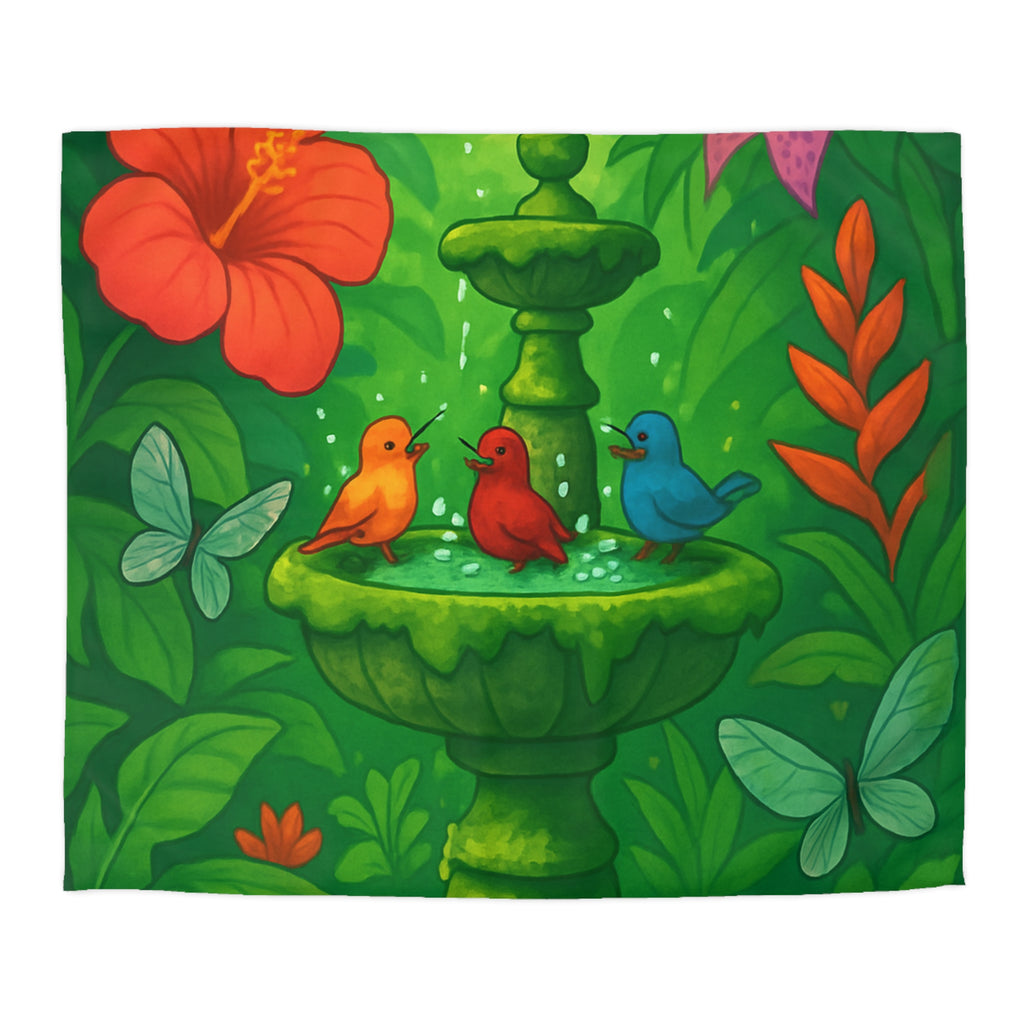 Housse de couette tropicale vibrante : oiseaux et fleurs exotiques dans un jardin luxuriant