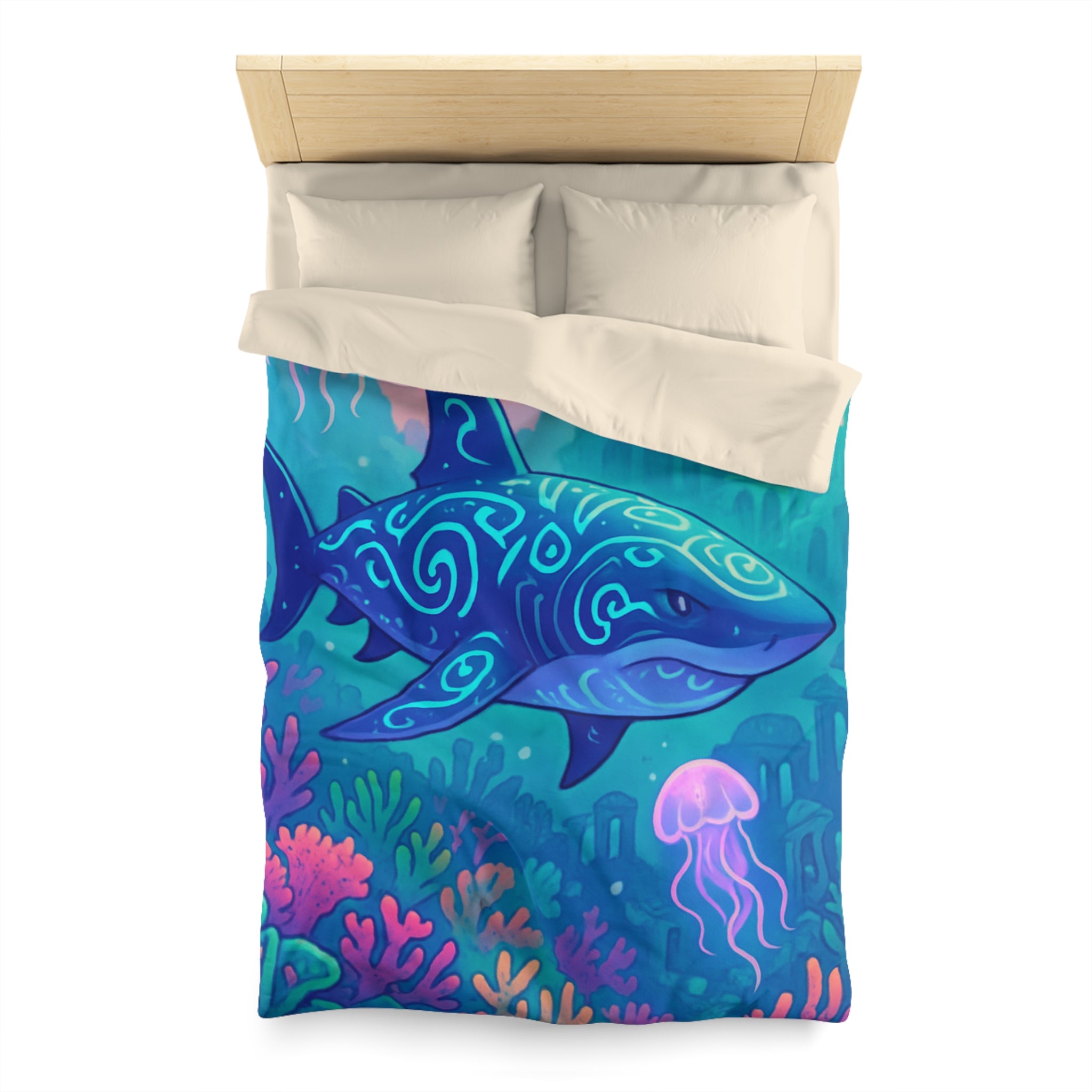 Housse de couette océan fantastique avec requin luminescent et méduses colorées