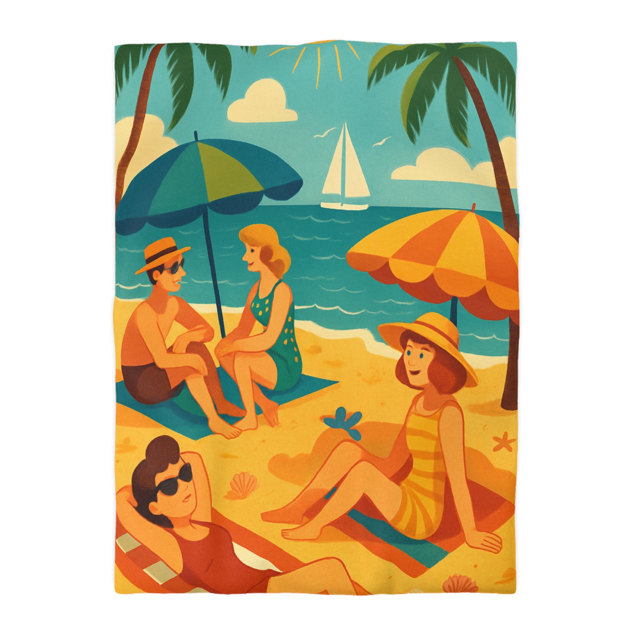 Housse de couette rétro plage colorée avec palmiers, parasols et amis au soleil