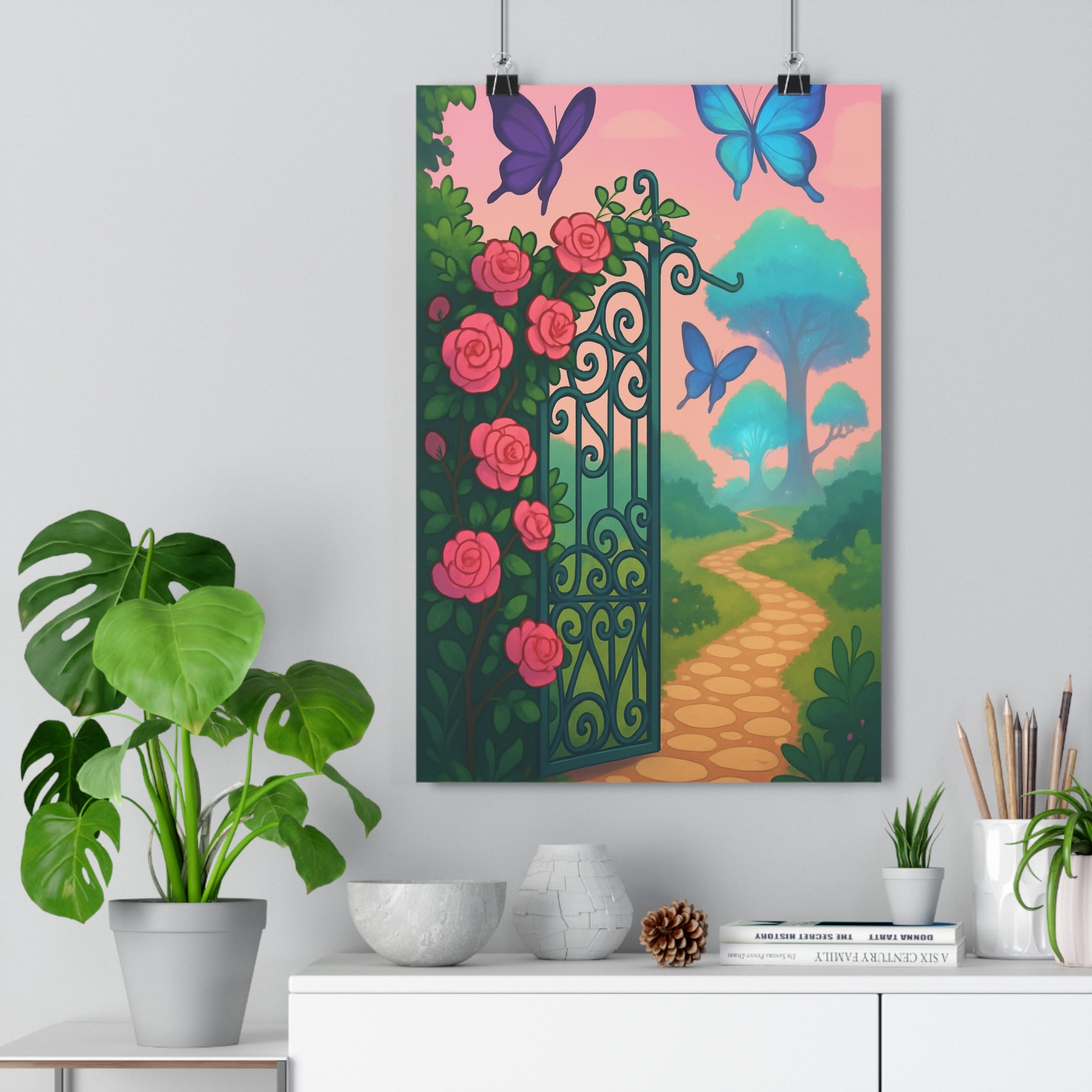 Poster décoratif féerique pastel rose bleu mystique jardin secret intérieur enchanté chambre 30x46 cm