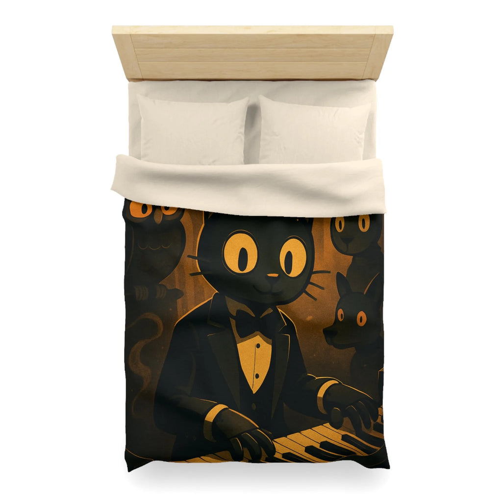 Housse de couette chat noir jouant du piano avec hibou et lapin en arrière-plan