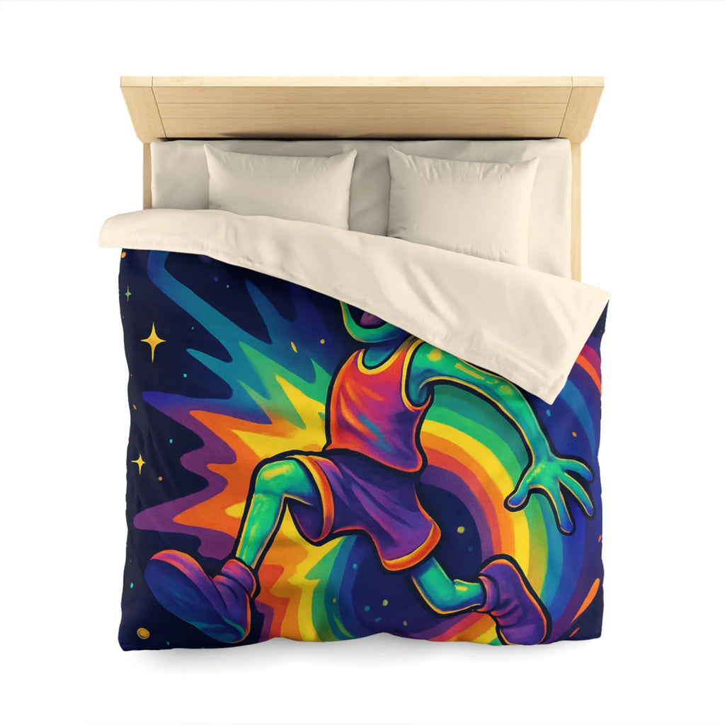 Housse de couette colorée avec alien jouant au basket dans l'espace intergalactique étoilé