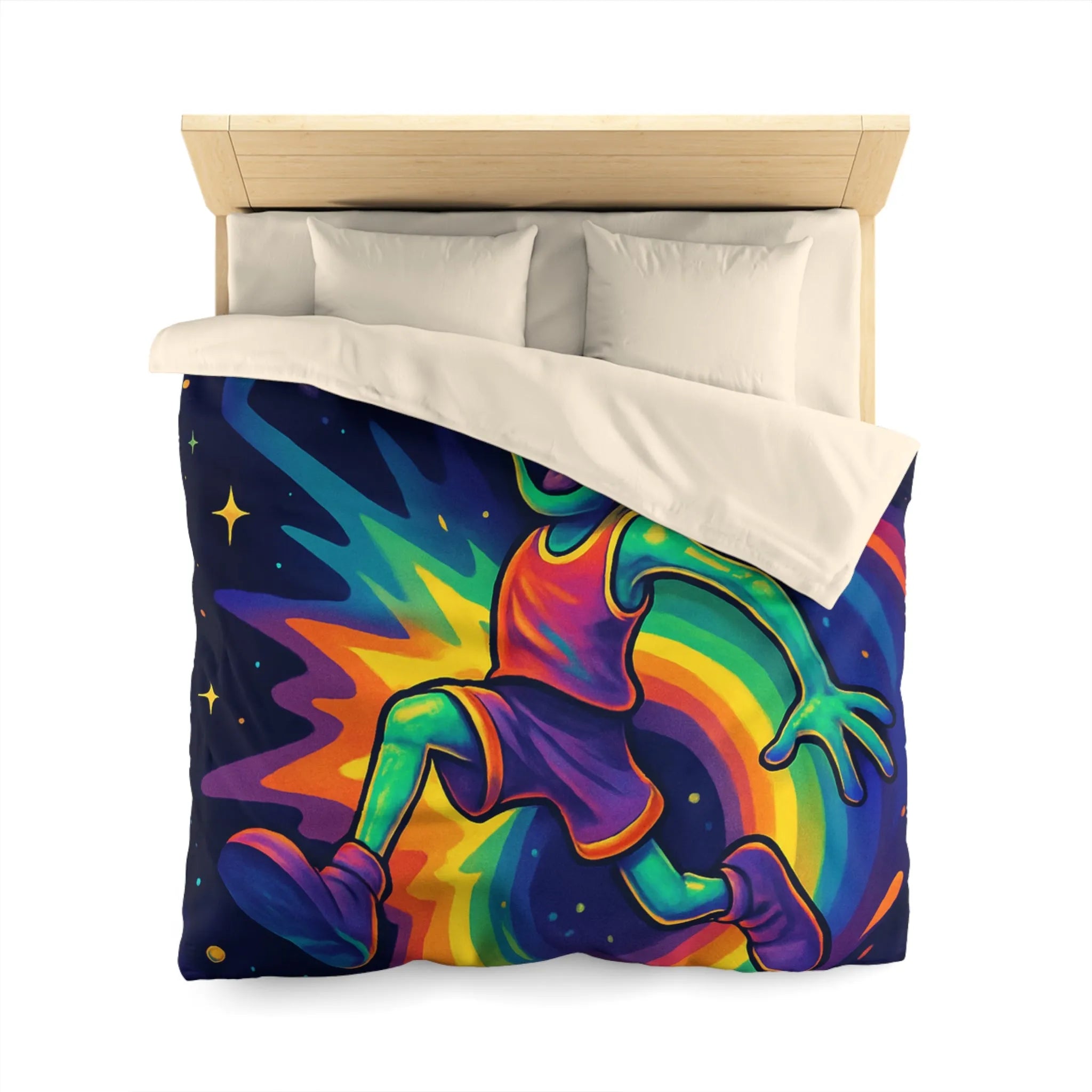 Housse de couette colorée avec alien jouant au basket dans l'espace intergalactique étoilé