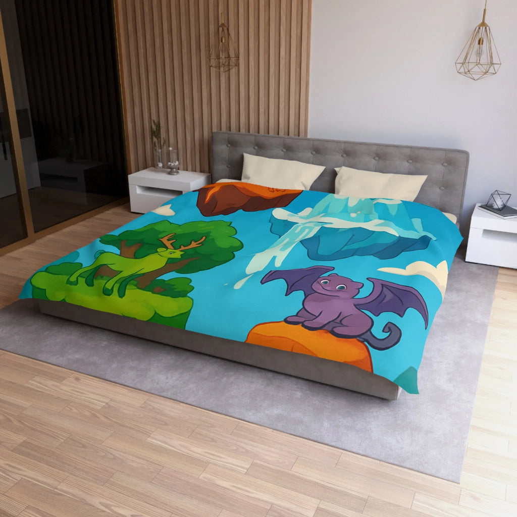 Housse de couette fantasy avec îles flottantes et créatures magiques colorées