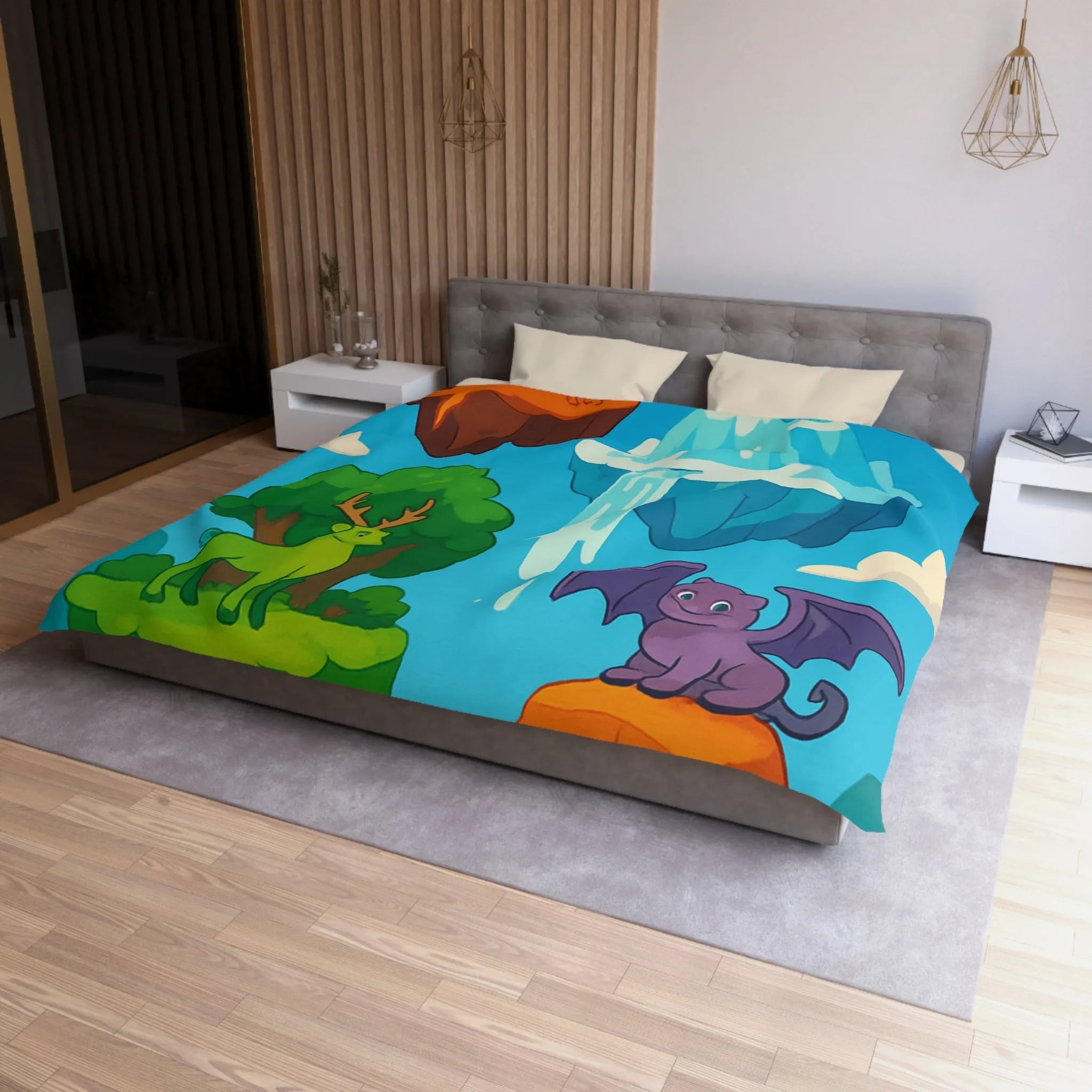 Housse de couette fantasy avec îles flottantes et créatures magiques colorées