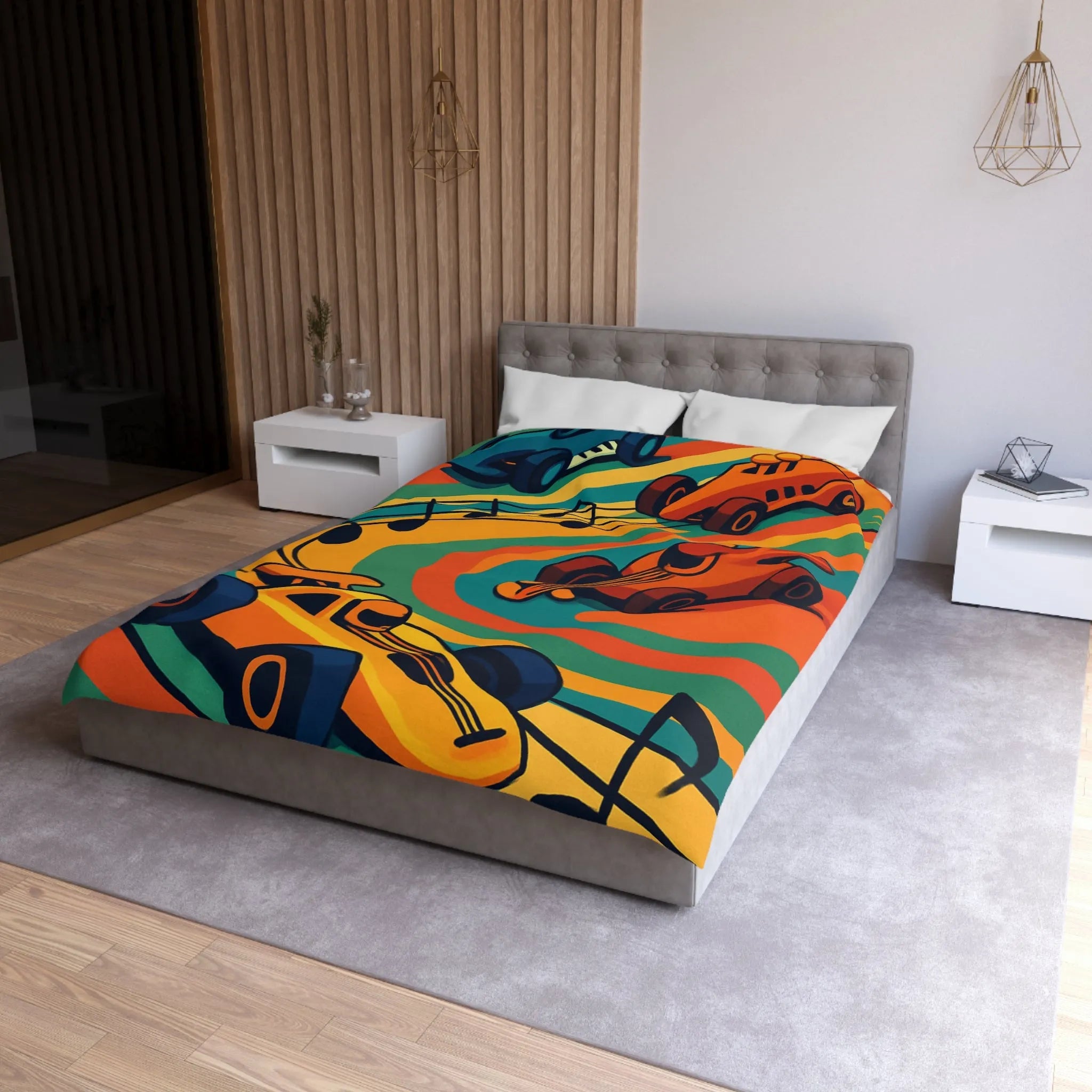 Housse de Couette Course Voitures Musique Vibrante pour Chambre Enfant Thème Animation