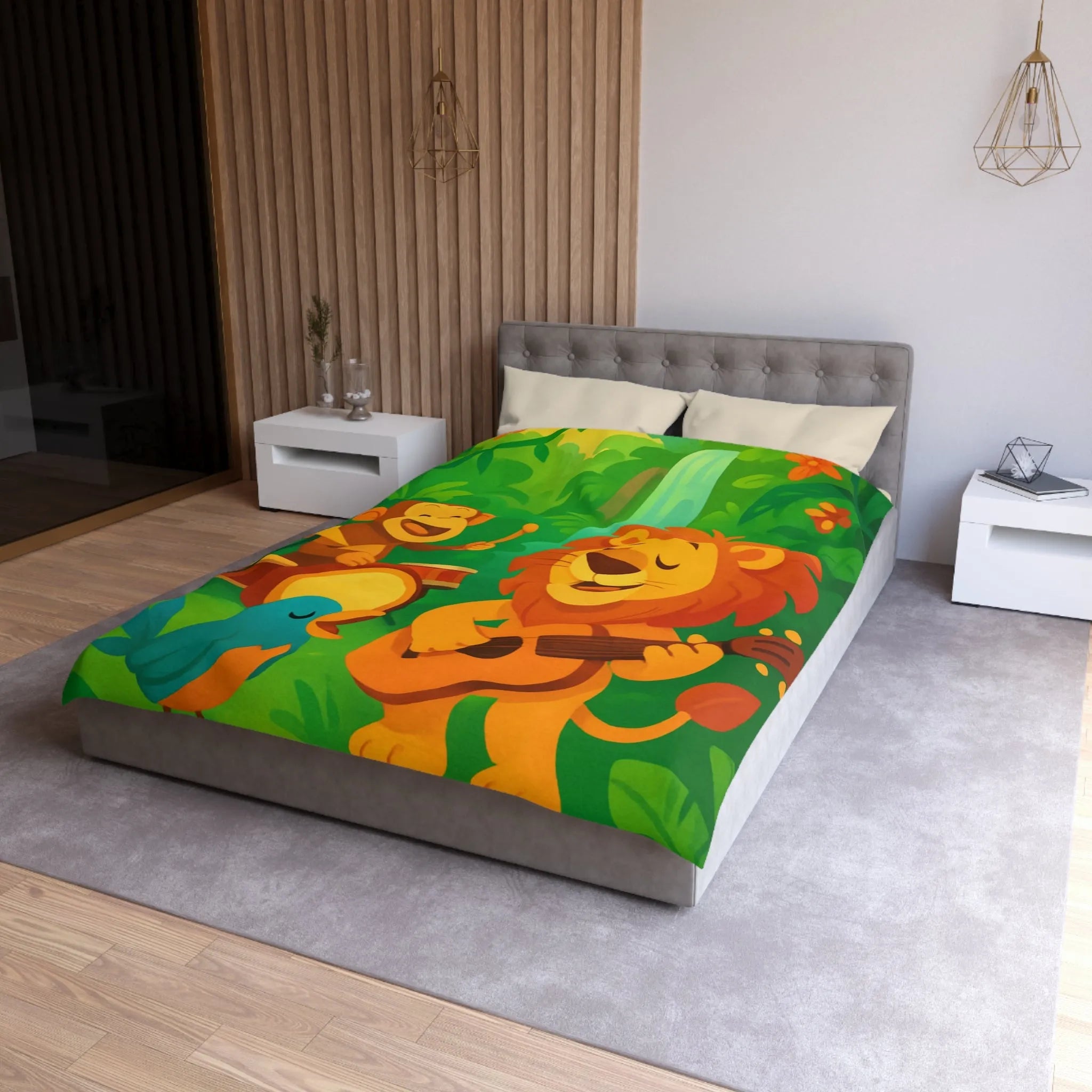 Housse de couette jungle colorée avec lion, singe, et oiseau musiciens joyeux
