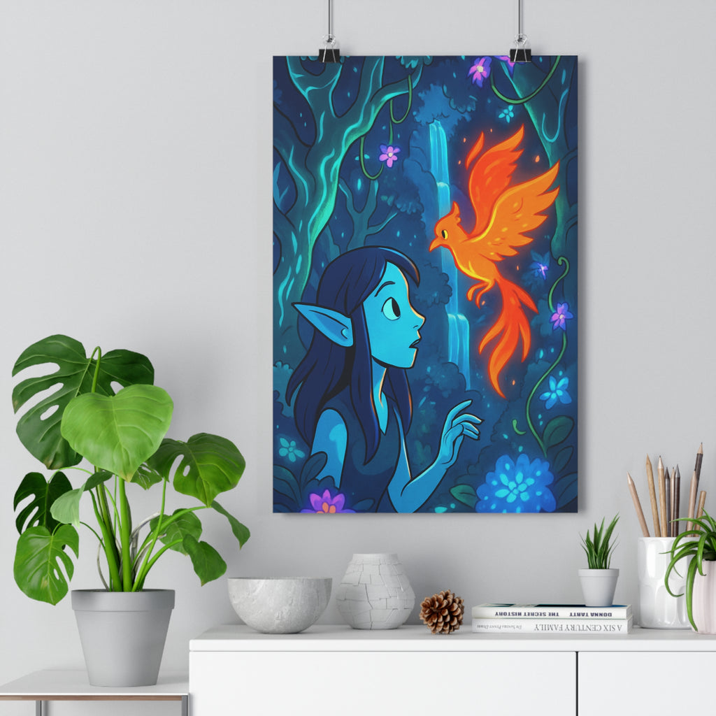 Poster décoratif mystique cartoon bleu orange vert forêt chambre salon vibrant nature cascade créature