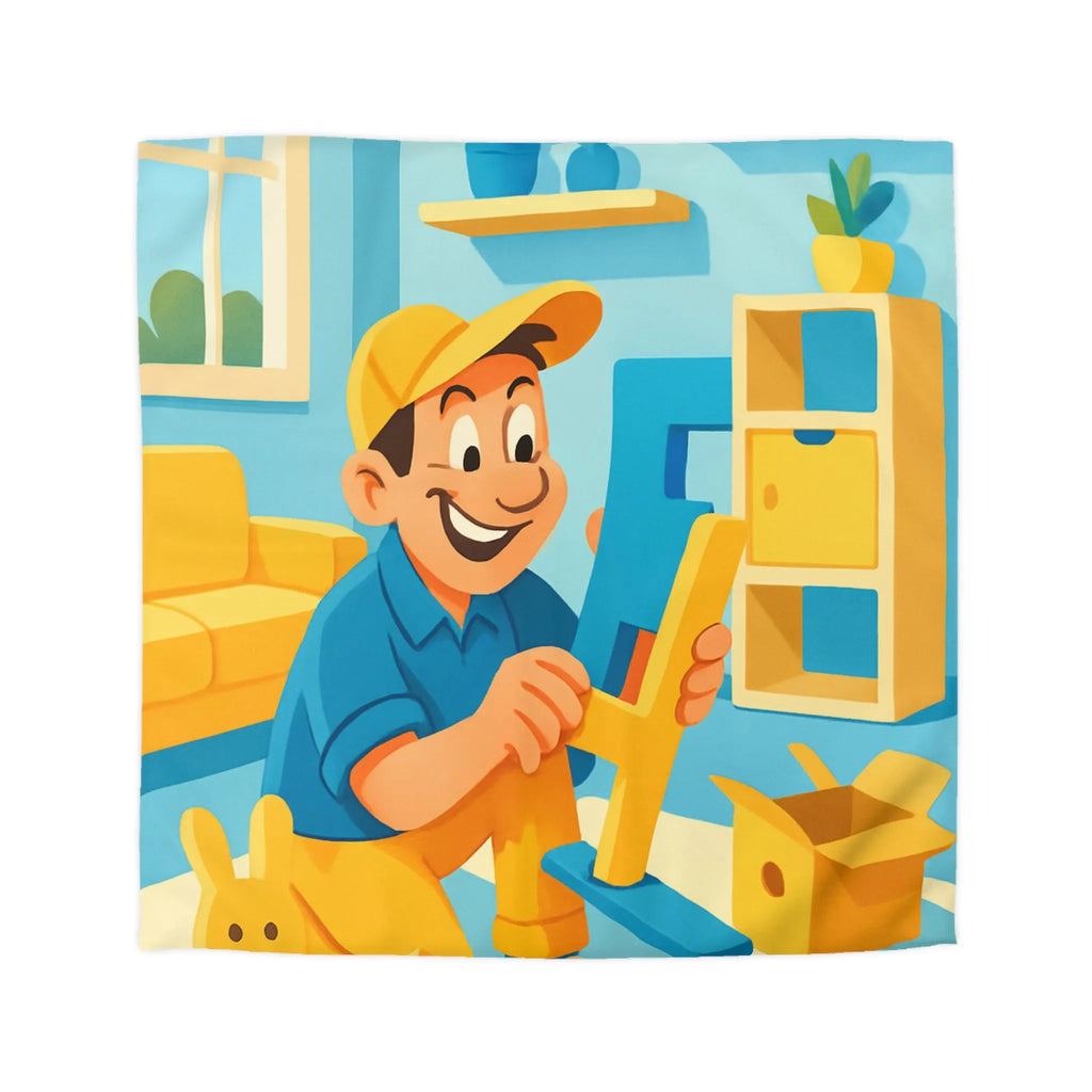 Housse de couette colorée avec personnage joyeux assemblant des jouets dans une pièce ensoleillée