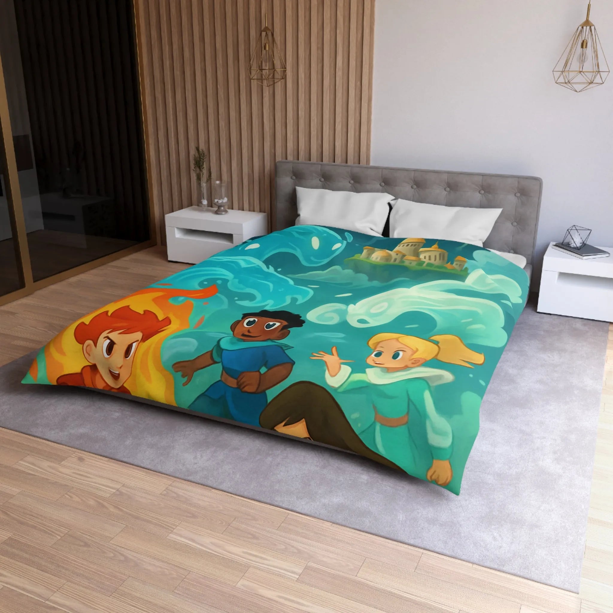 Housse de couette avec illustration de jeunes héros des éléments devant un château magique