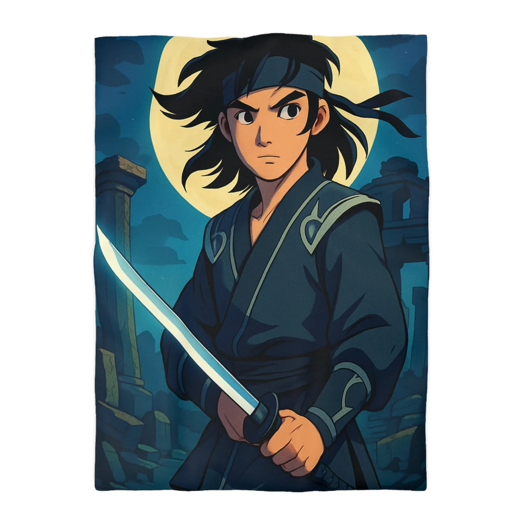 Housse de couette épique avec guerrier anime sous lune mystique et ruines anciennes