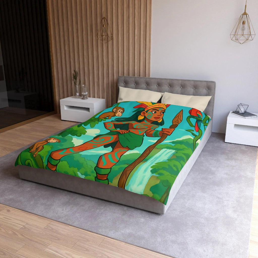 Housse de couette jungle exotique avec guerrière, perroquet et singes colorés vibrants