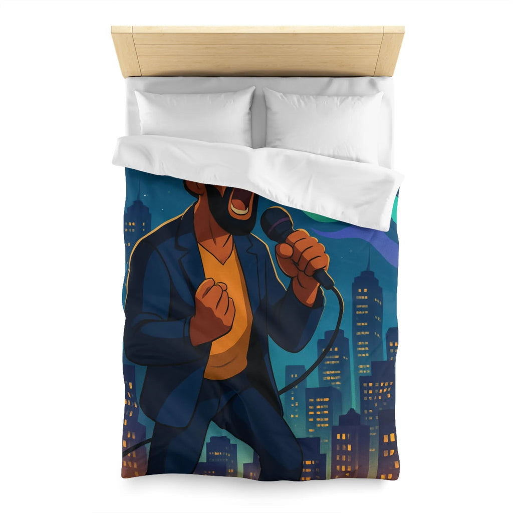 Housse de couette artistique : chanteur vibrant avec coucher de soleil et gratte-ciels