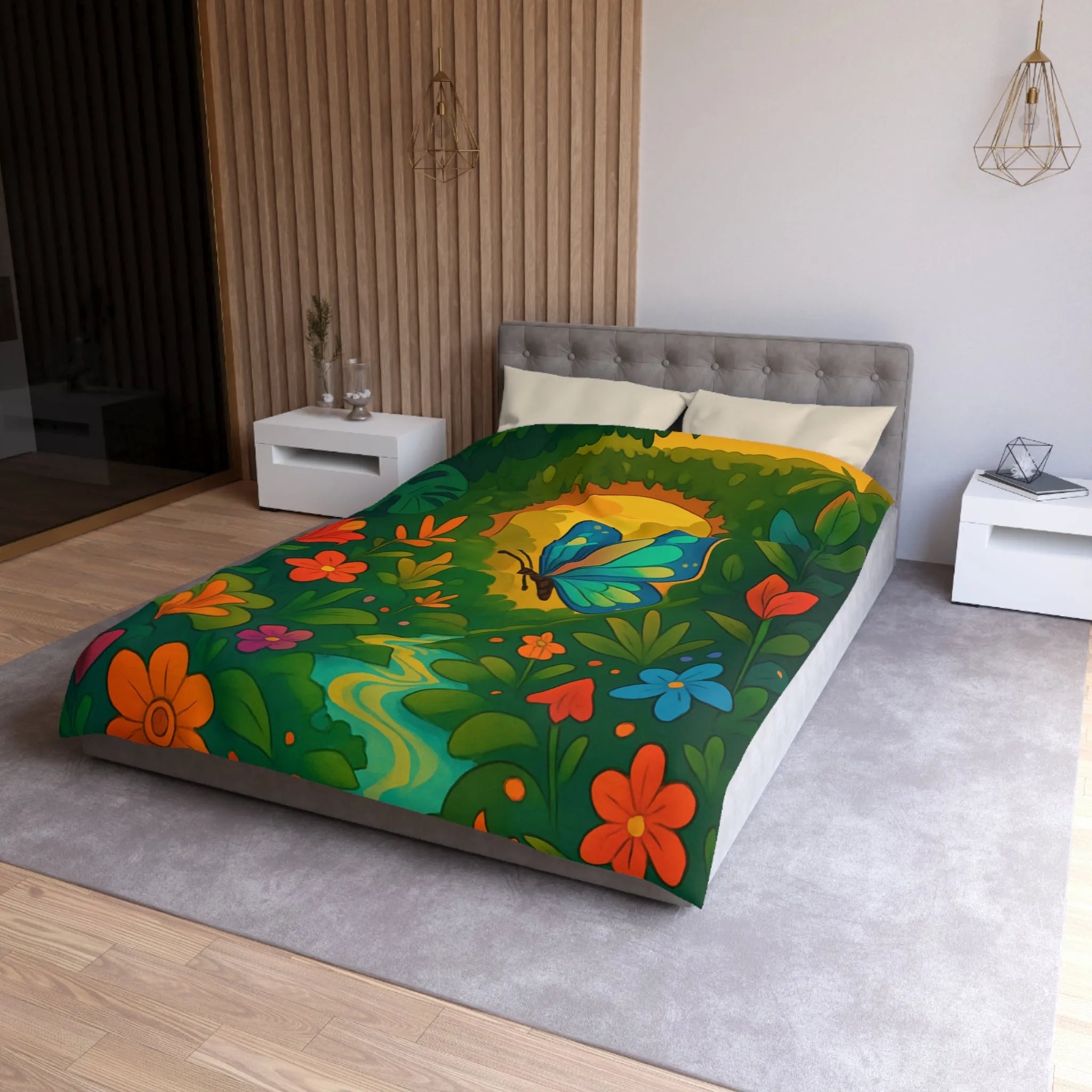 Housse de Couette avec Papillon et Jungle Colorée pour Chambre Enfant Éclatante Nature