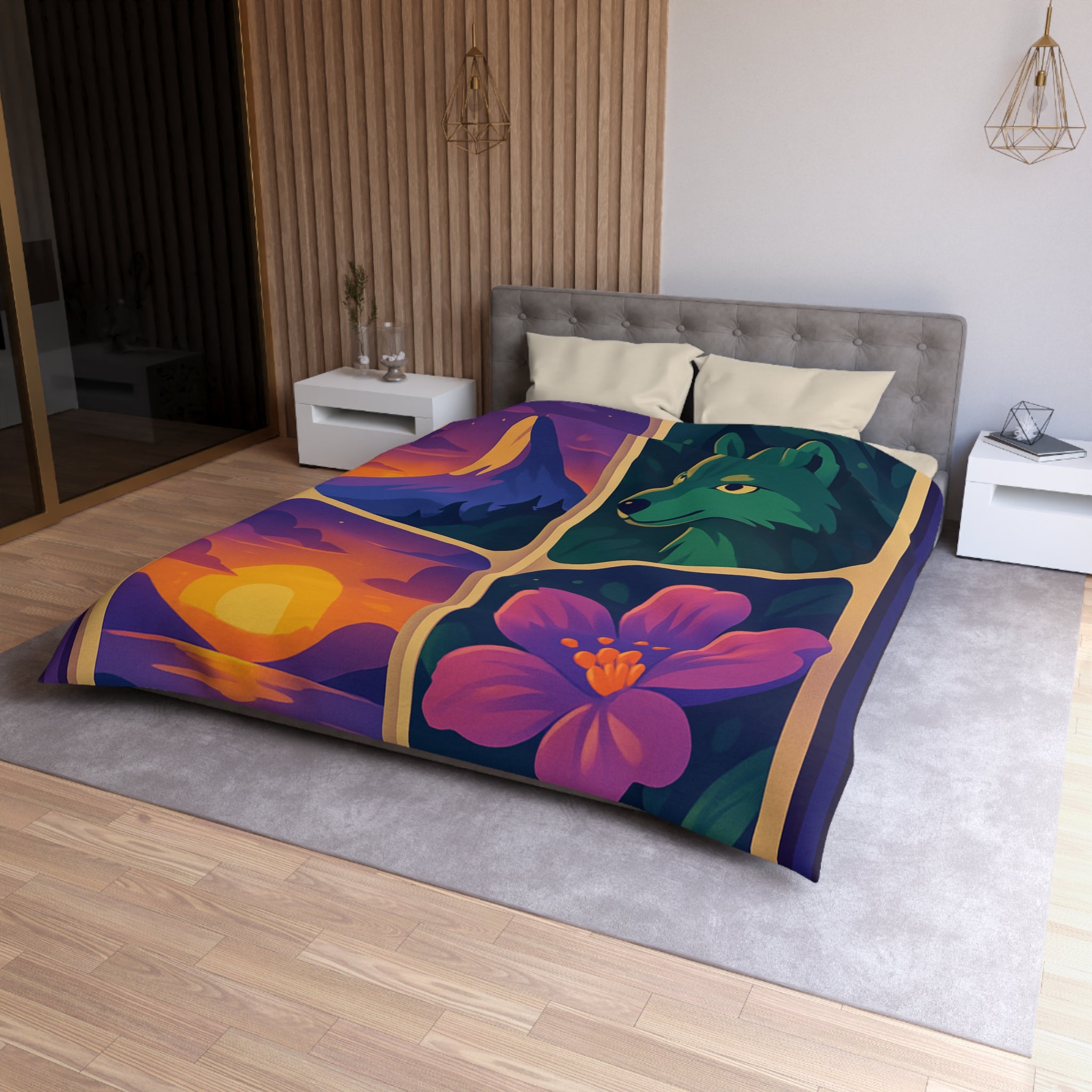 Housse de Couette Paysage Montagne Forêt Animale Florale Vibrante pour Chambre Moderne