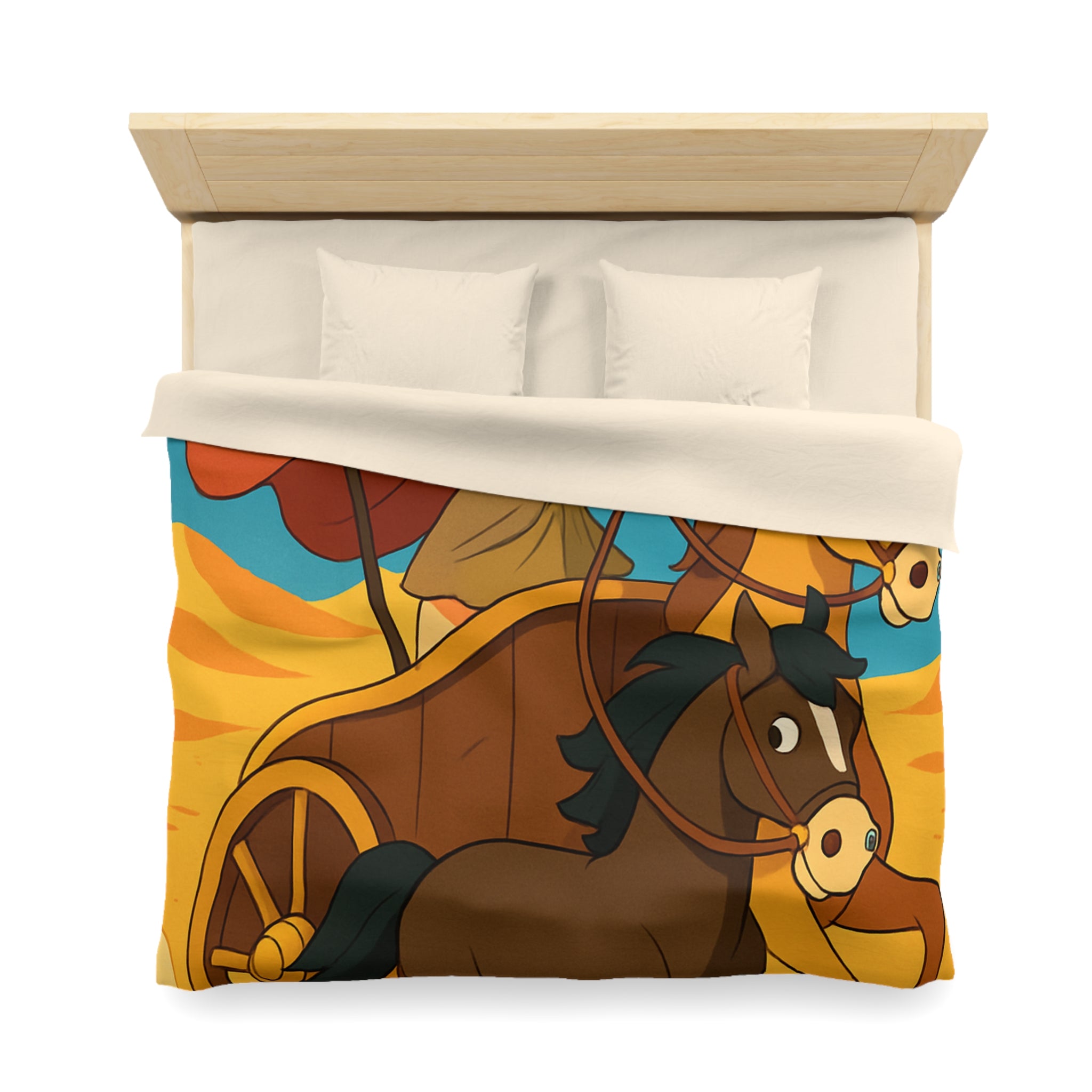 Housse de couette représentant guerrière en char avec chevaux marron dans désert animé