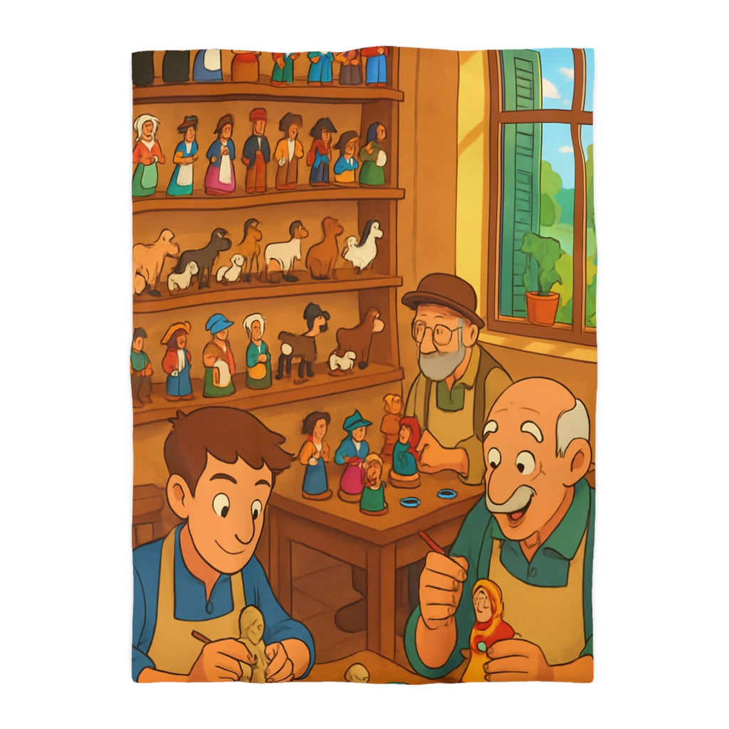 Housse de couette chaleureuse avec scène artisanale, figurines en bois colorées et personnages souriants