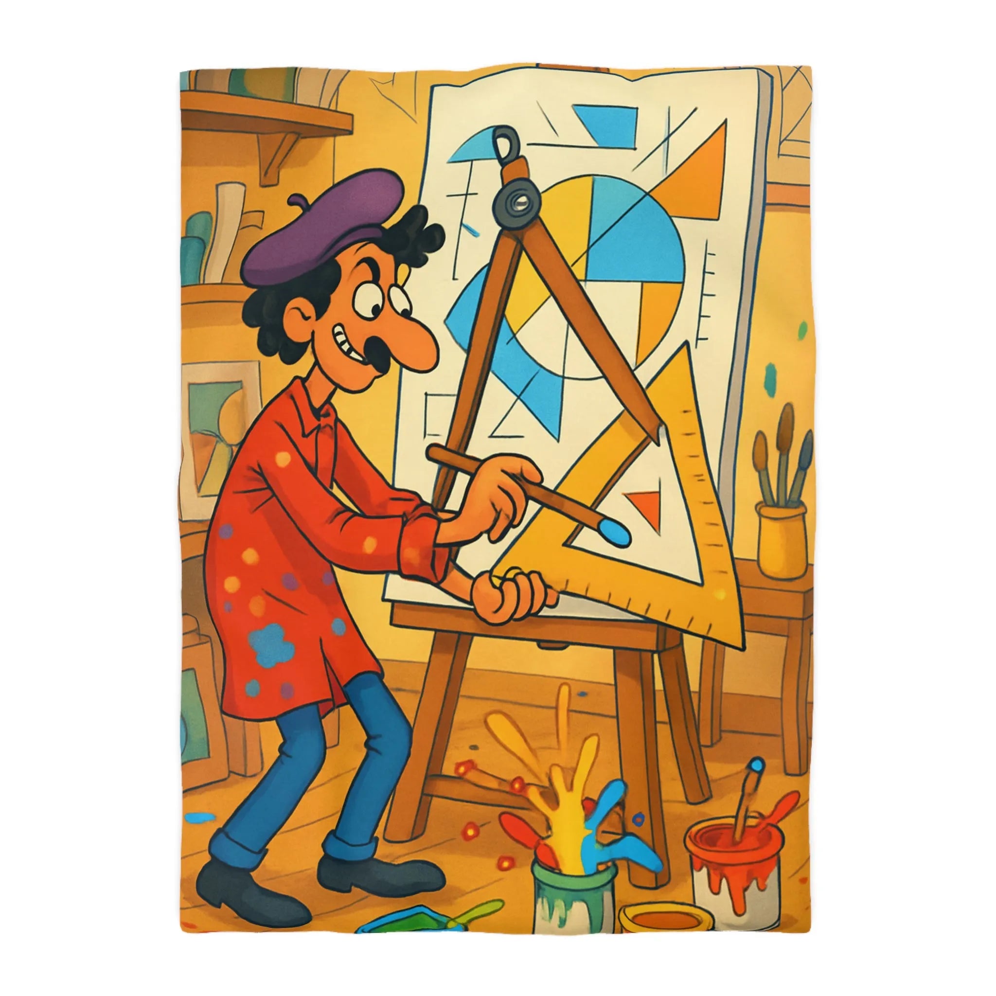 Housse de couette artistique avec motif géométrique et artiste cartoon en atelier coloré