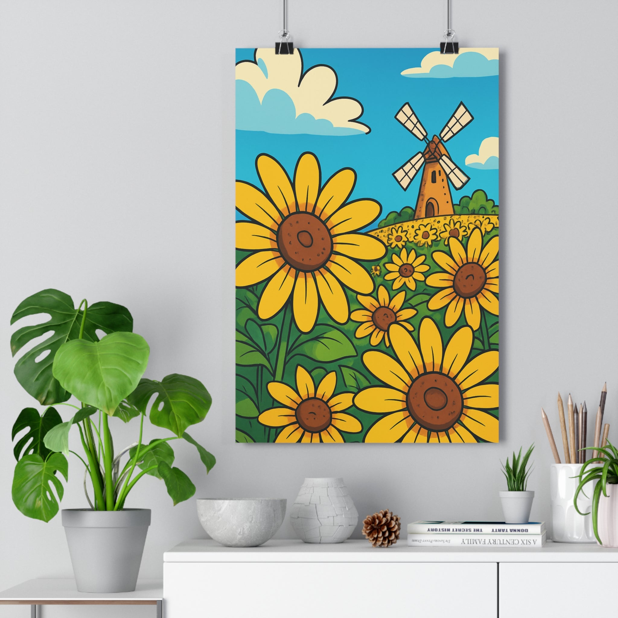 Poster décoratif cartoon paysage enchanteur tournesols ciel bleu joyeux salon chambre rustique élégant qualité