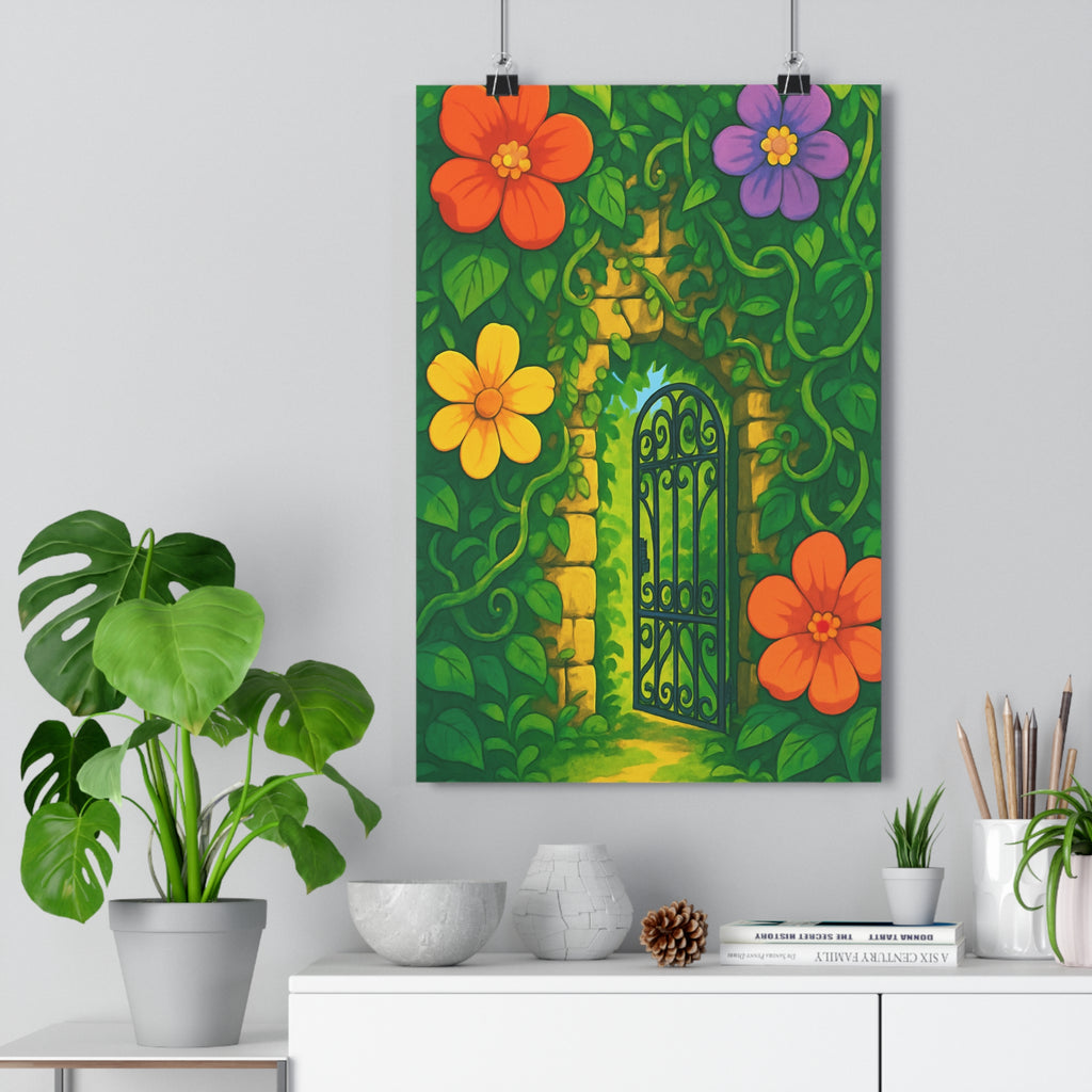 Poster décoratif jardin secret botanique violet orange cartoon magique salon chambre vibrant fantaisie accueillant