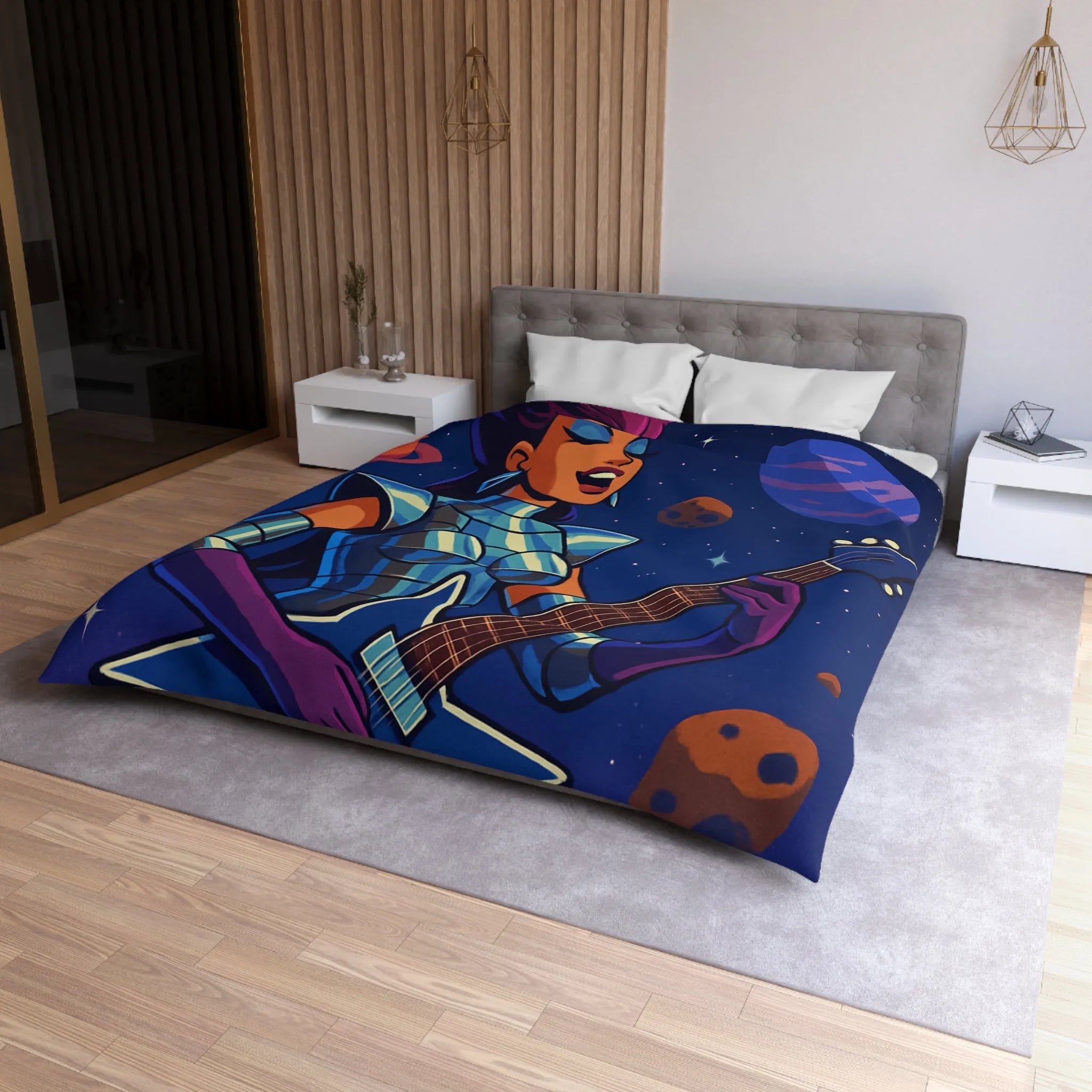 Housse de couette espace cosmique avec musicienne extraterrestre jouant de la guitare étoilée