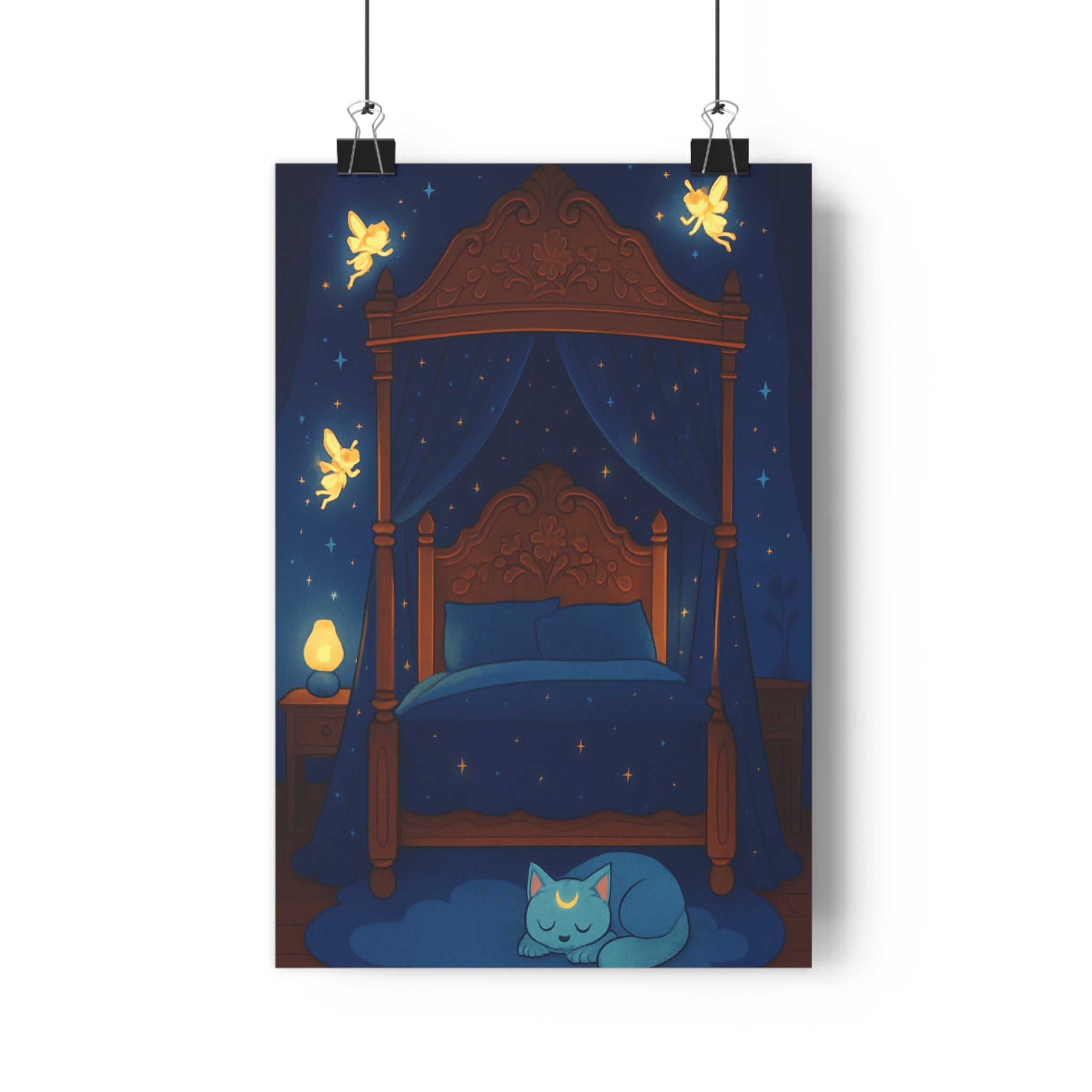 Poster décoratif féerique magique bleu profond rêveur chambre enfant fées étoiles chat bois moelleux