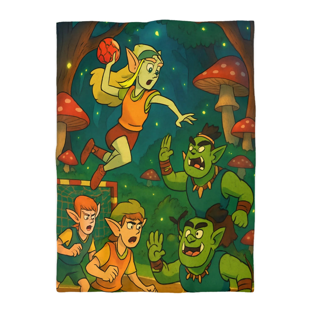 Housse de couette d’elfes joueurs de handball dans une forêt magique illuminée