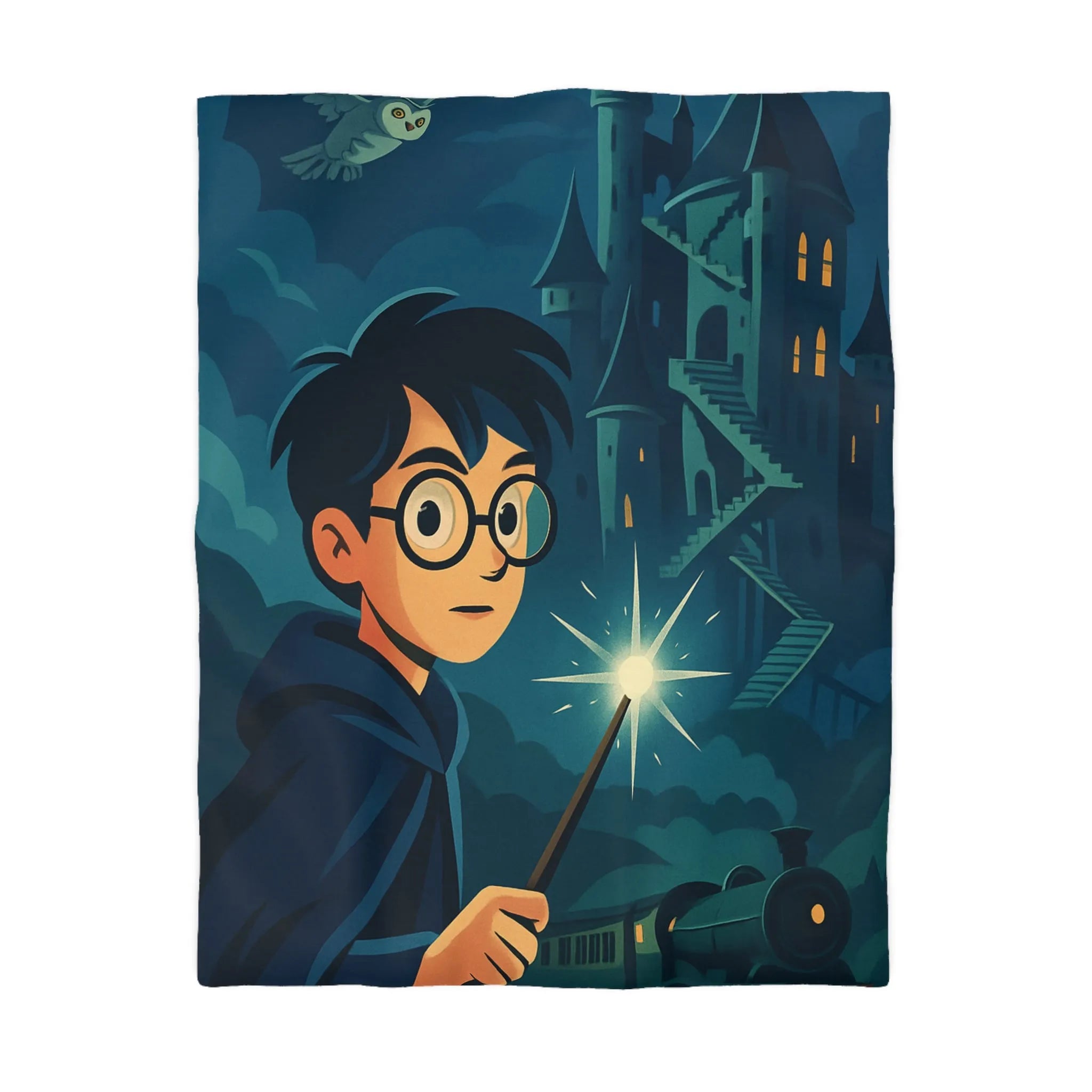 Housse de couette magique avec garçon, château mystérieux et train dans la nuit étoilée