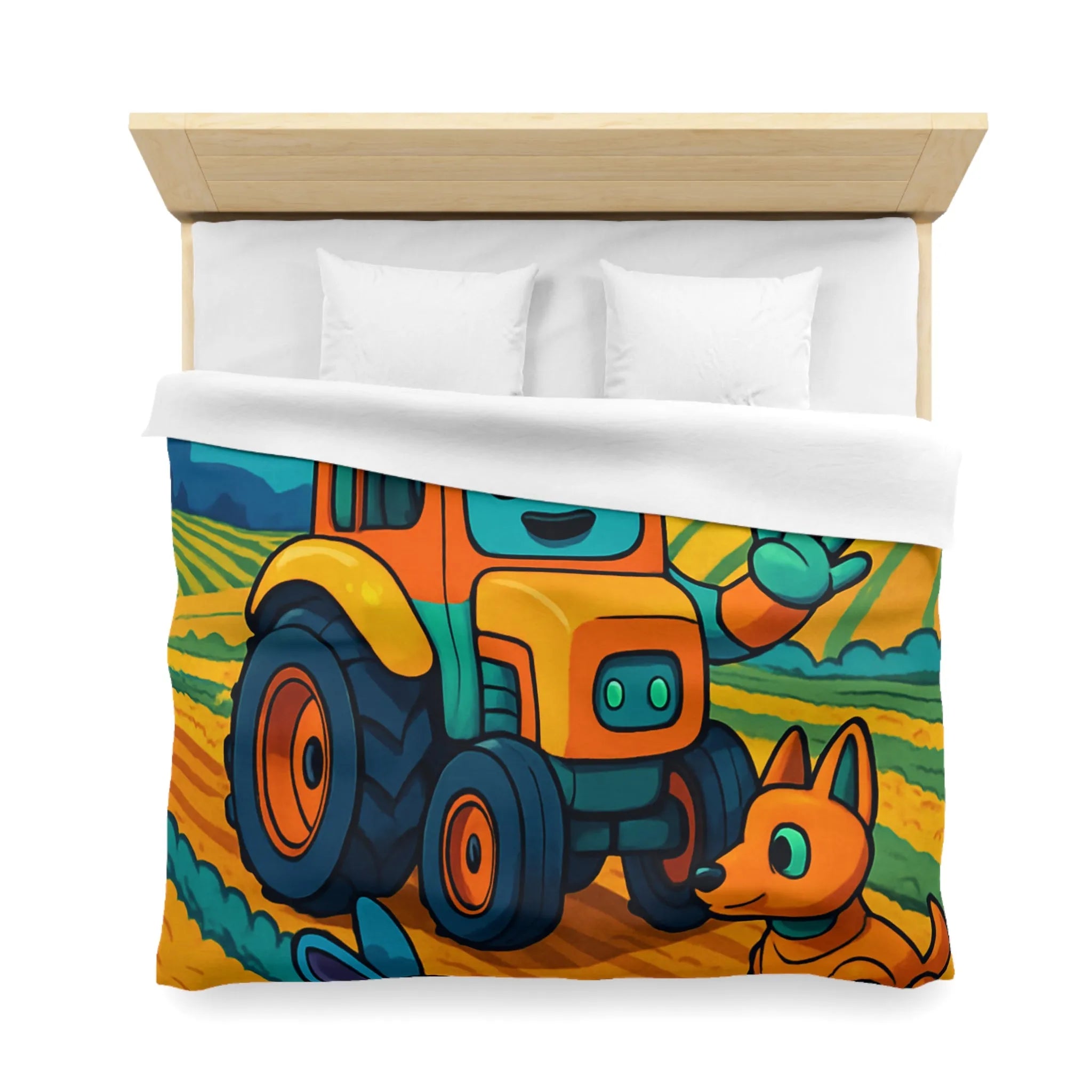 Housse de couette colorée avec tracteur joyeux, robots animaux et scène de ferme nocturne