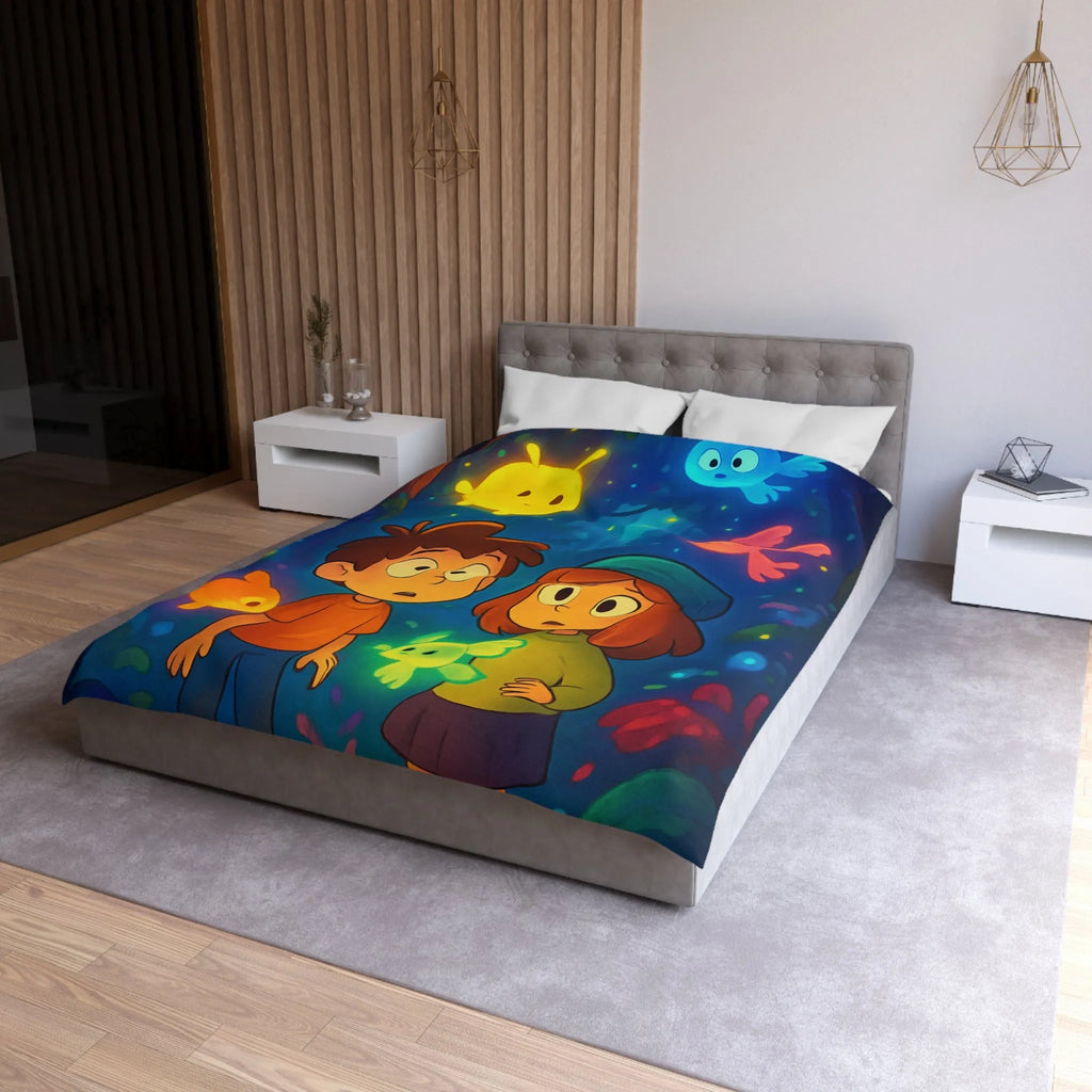 Housse de Couette Enfant Fantaisie avec Créatures Lumineuses dans Forêt Mystérieuse et Enchantée