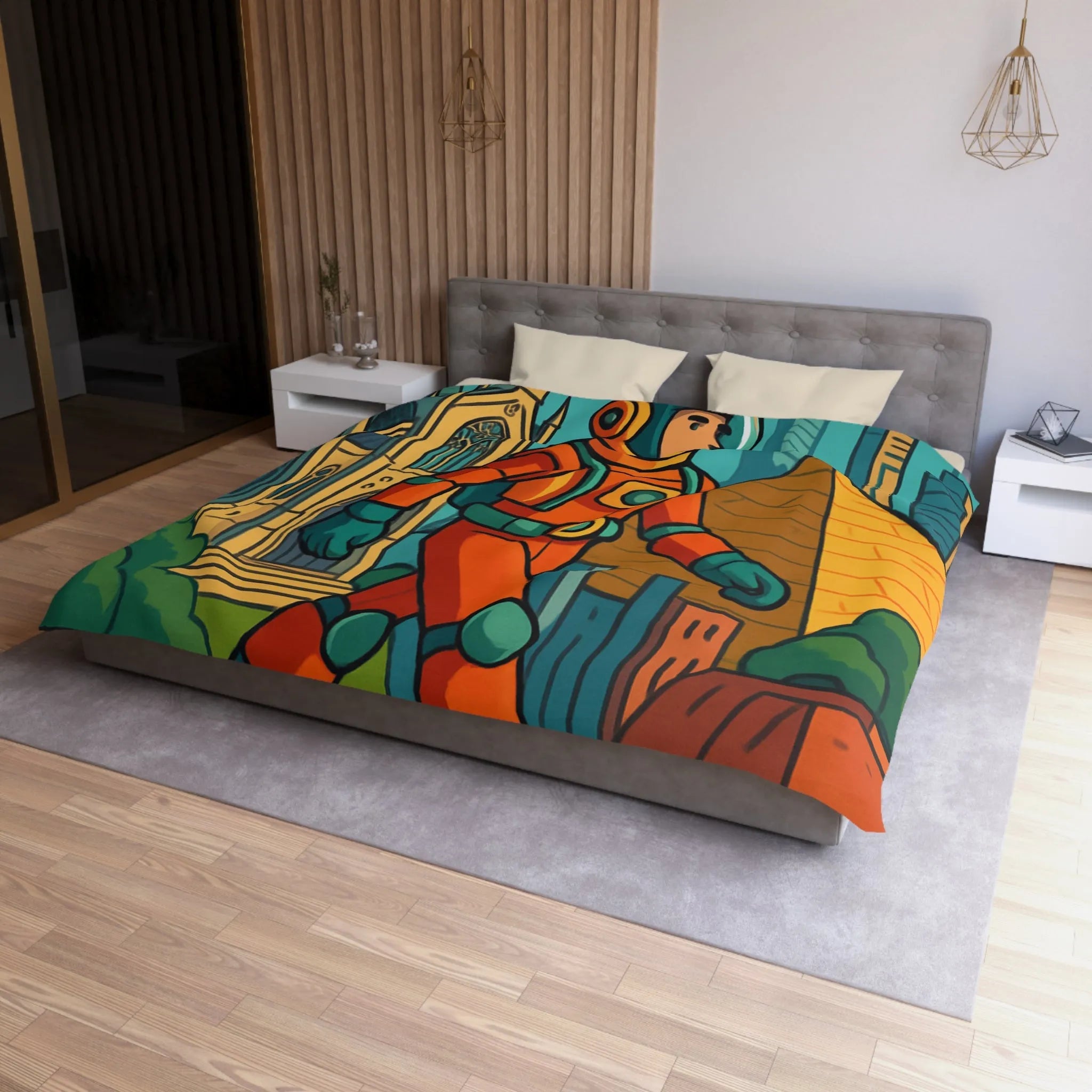 Housse de Couette Astronaute avec Paysages Urbains et Architecturaux, Couleurs Vives et Design Moderne