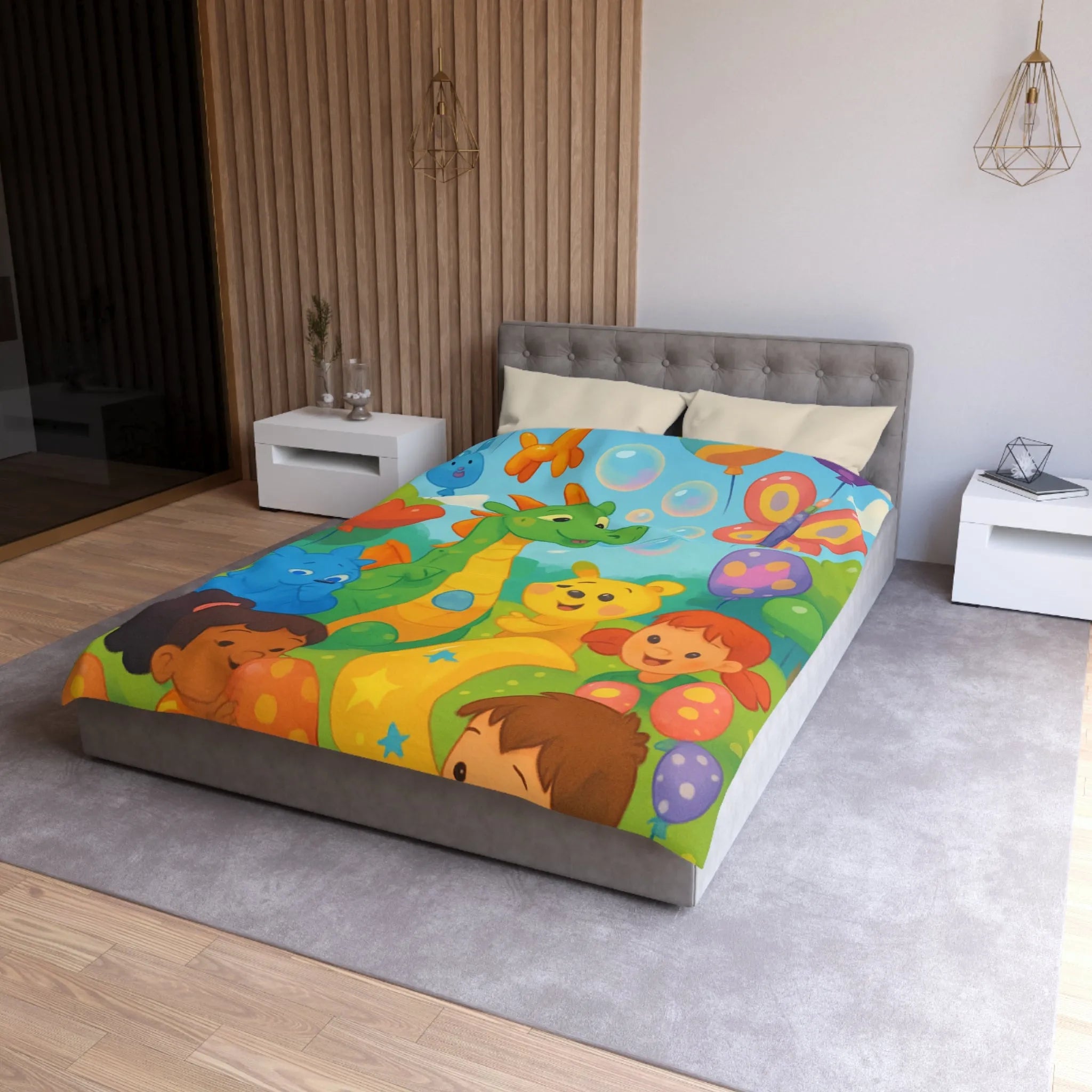 Housse de Couette Enfant Fantaisie Animaux et Ballons Colorés pour Chambre Féérique