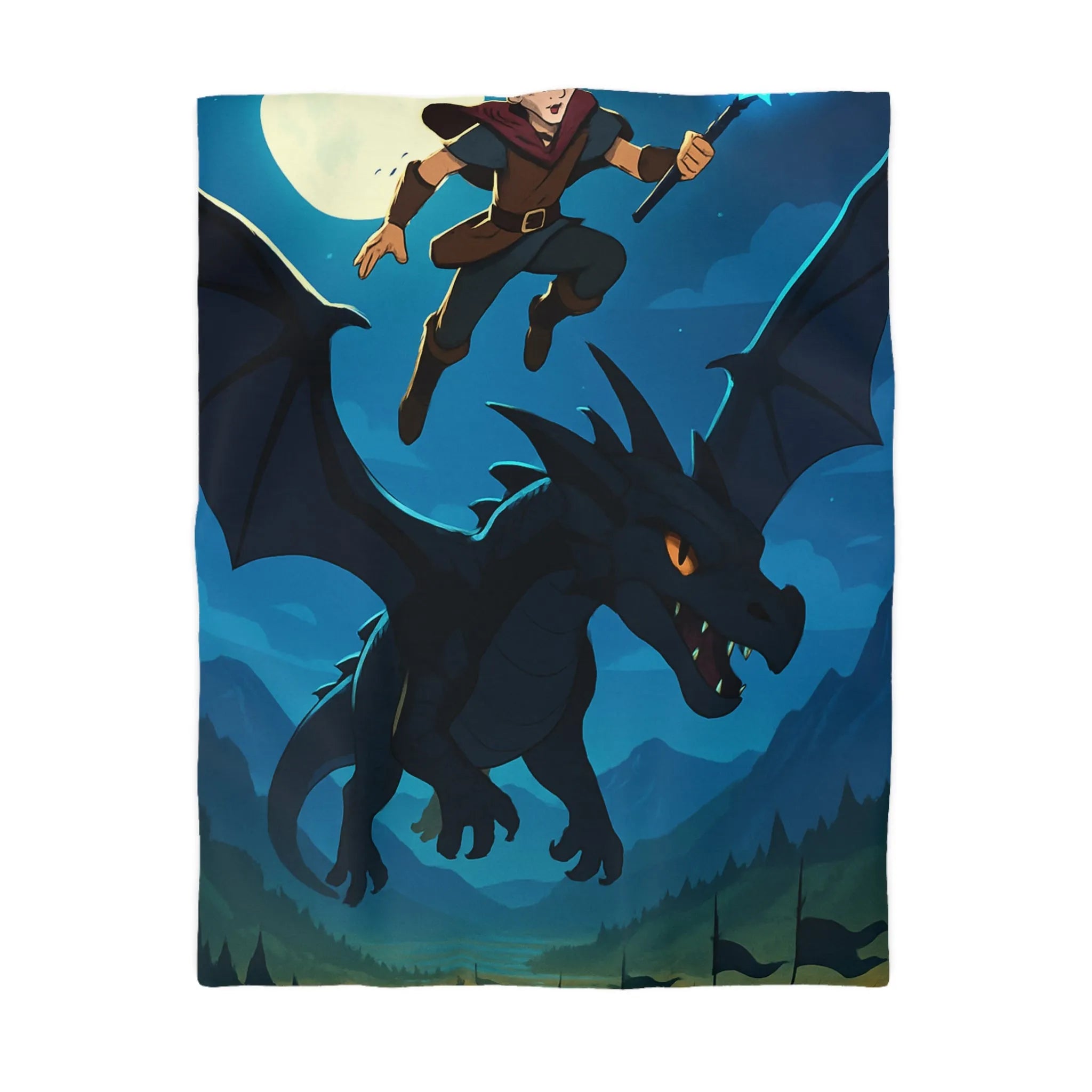 Housse de couette épique avec dragon volant et sorcier sous la pleine lune magique