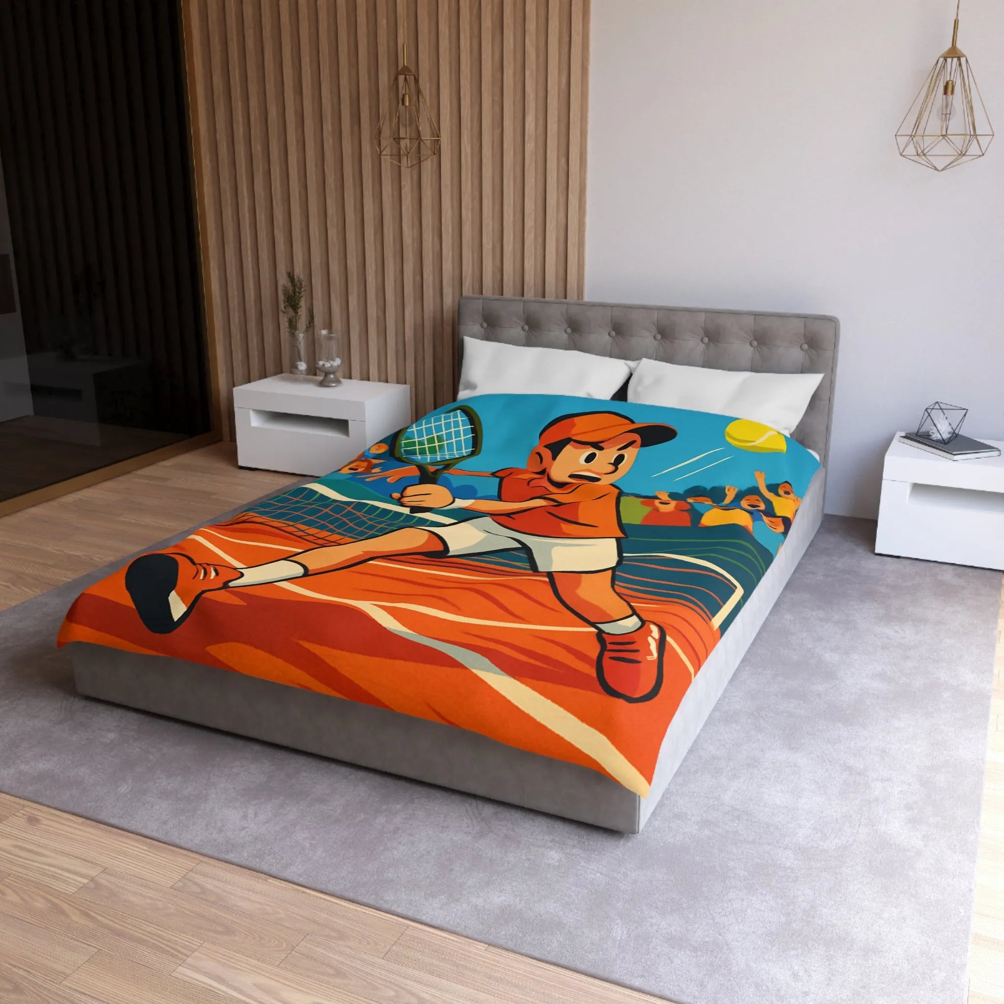 Dessin Animé Joueur de Tennis Dynamique en Action sur Court avec Public Enthousiaste