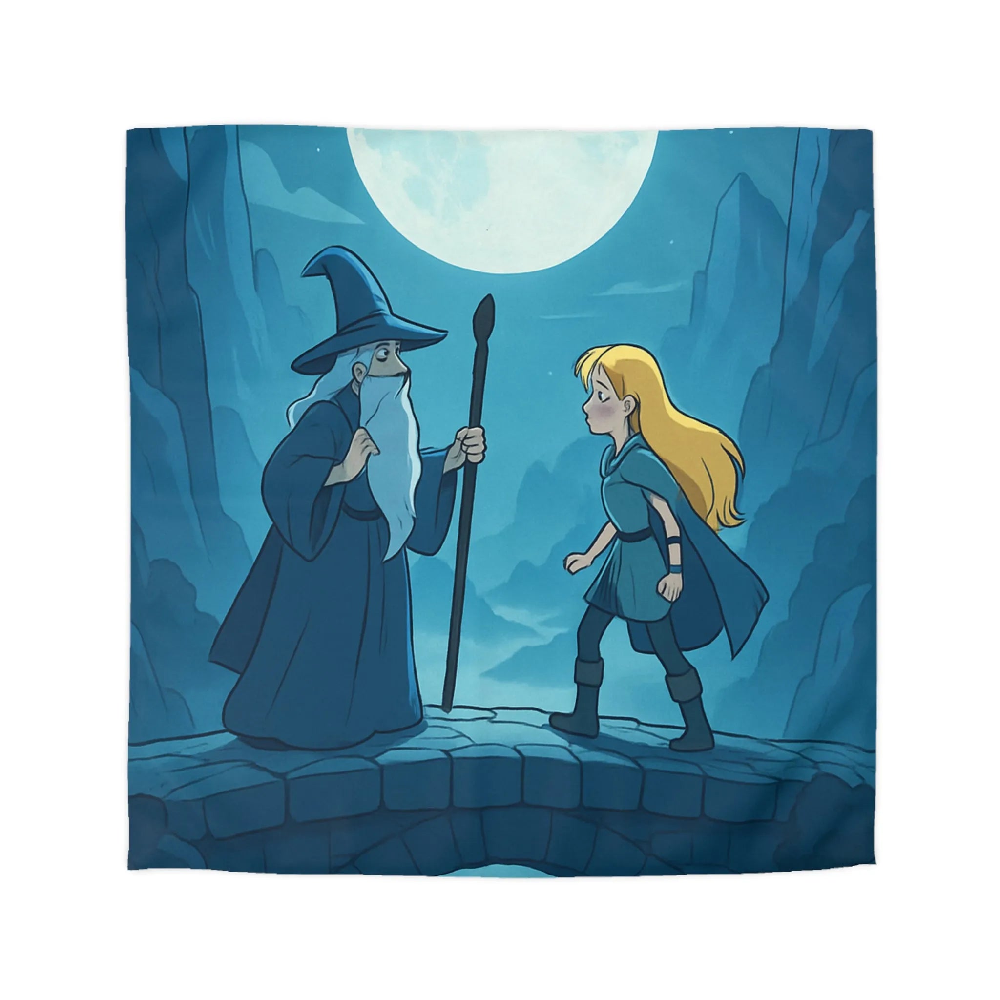 Housse de couette enchantée avec sorcier, lune et montagne pour ambiance mystique