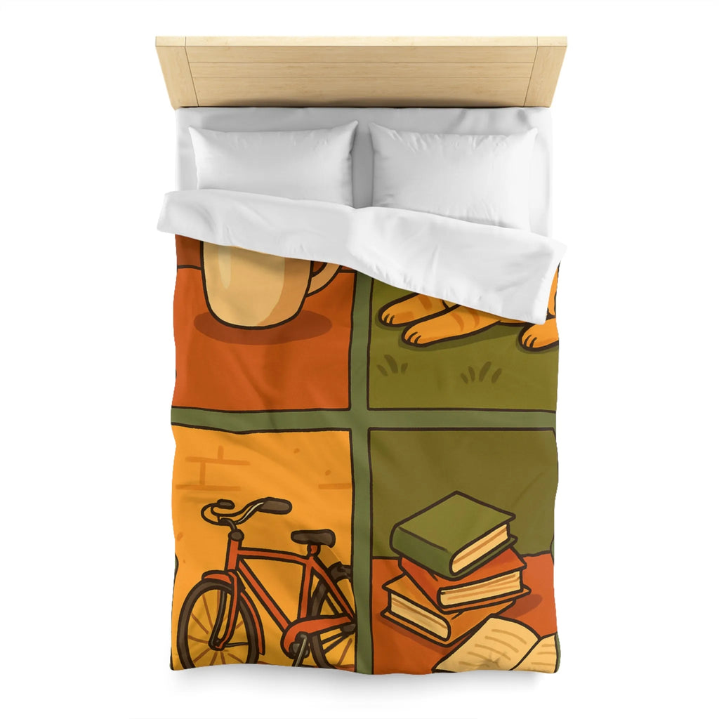 Housse de Couette Décontractée avec Chat Orange, Café, Vélo et Livres Colorés