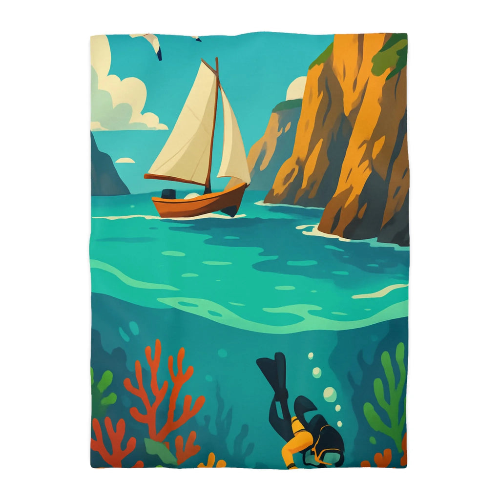 Housse de couette maritime avec plongée, voilier, falaises et récifs colorés