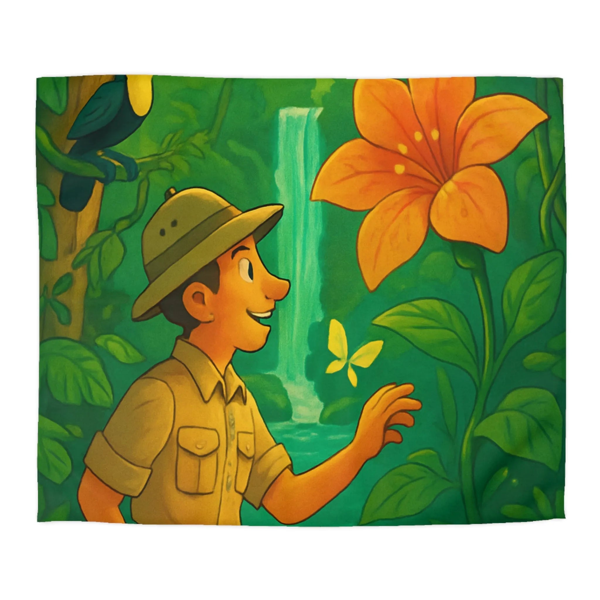 Housse de Couette Jungle Colorée avec Explorateur, Toucan, Léopard et Cascade Enchantée