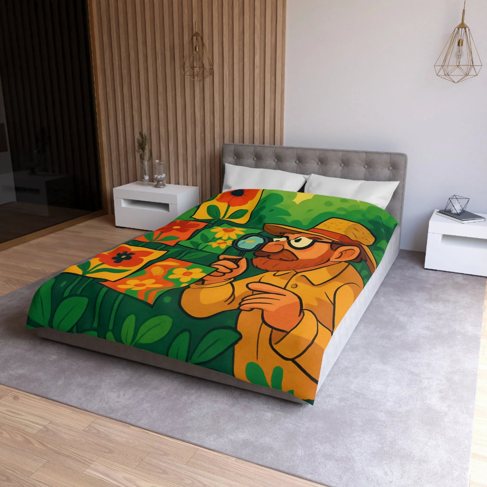 Housse de couette florale colorée avec botaniste examinant des illustrations en pleine nature