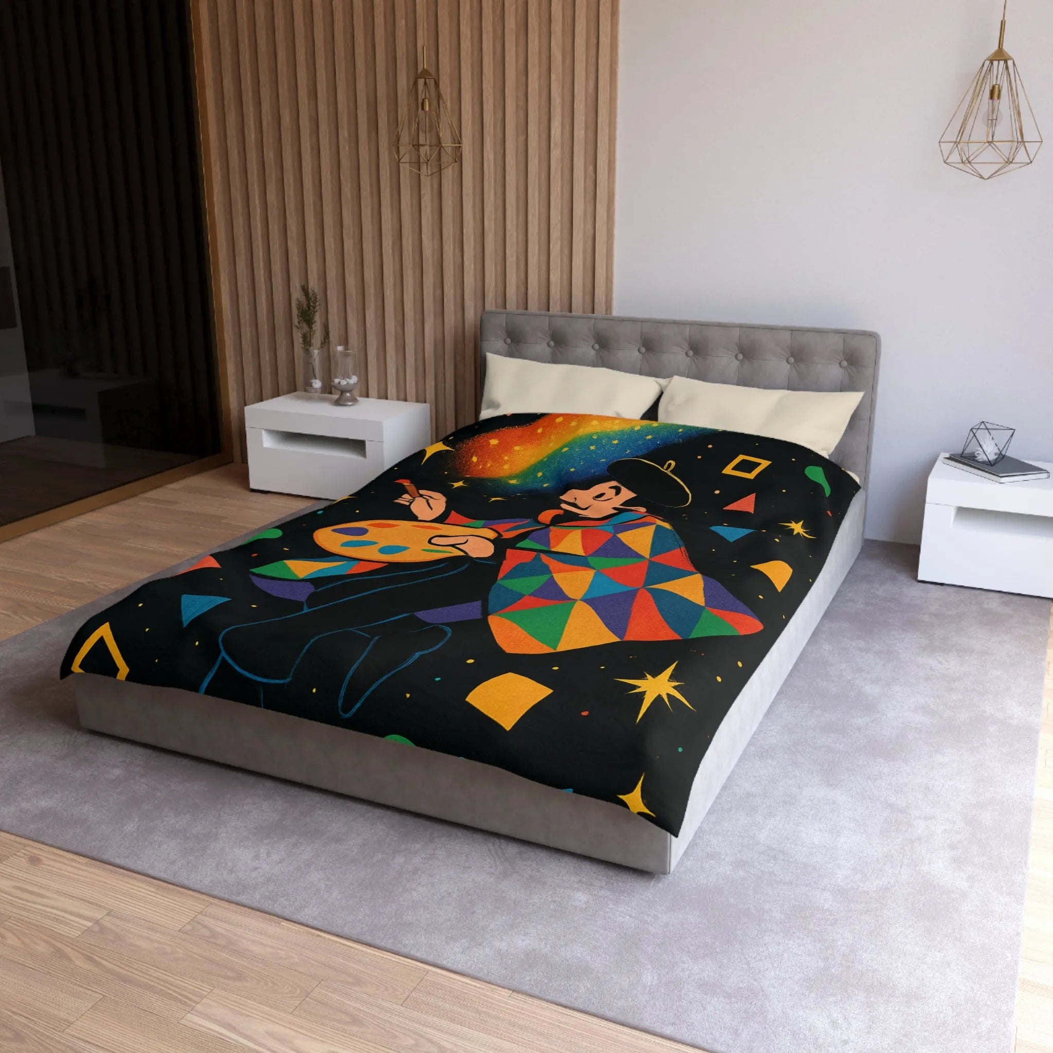 Housse de couette artiste colorée avec motifs géométriques et ciel étoilé magique