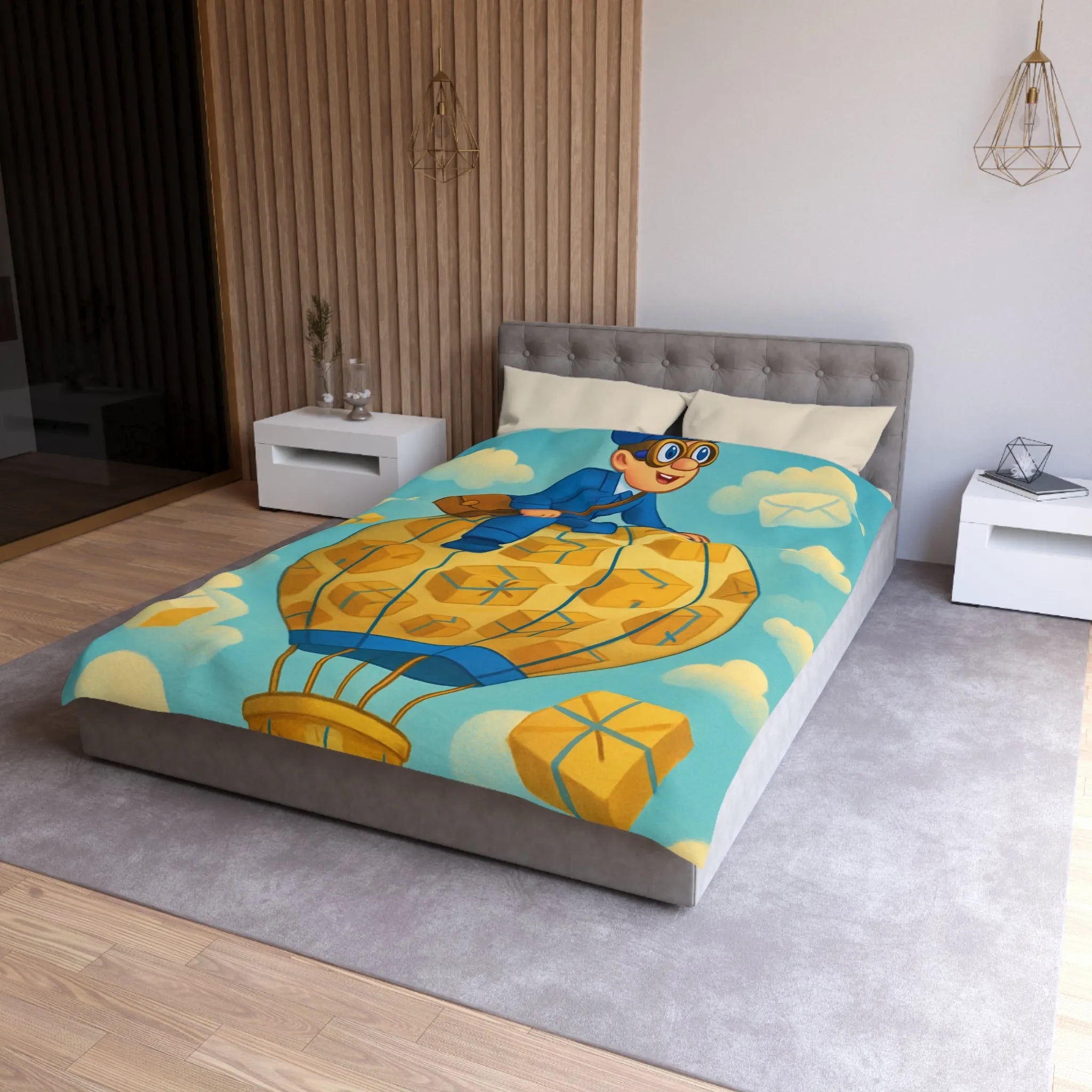 Housse de couette colorée avec montgolfière et livreur volant dans le ciel animés