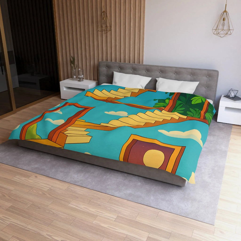 Housse de couette avec escaliers infinis et paysage surréaliste, ciel étoilé