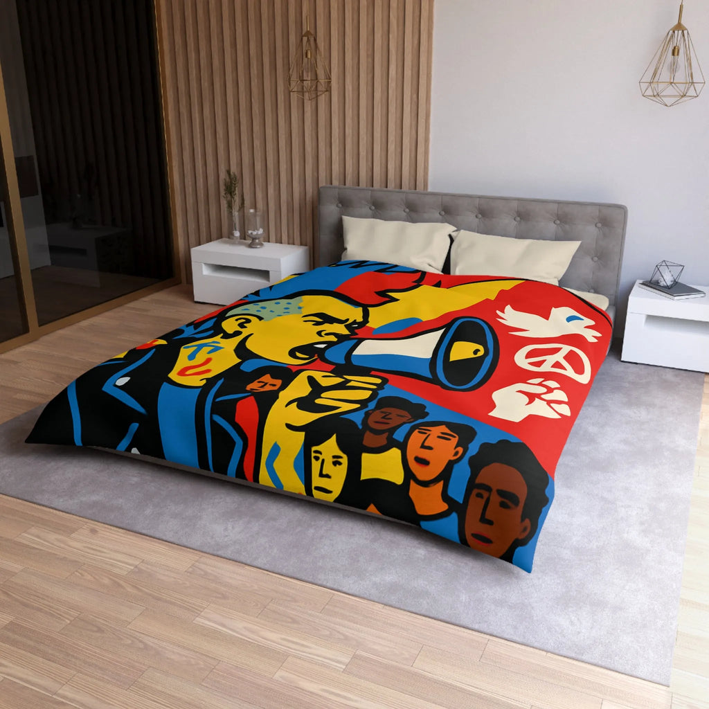 Housse de couette colorée avec illustration dynamique de manifestant engagé pour la paix