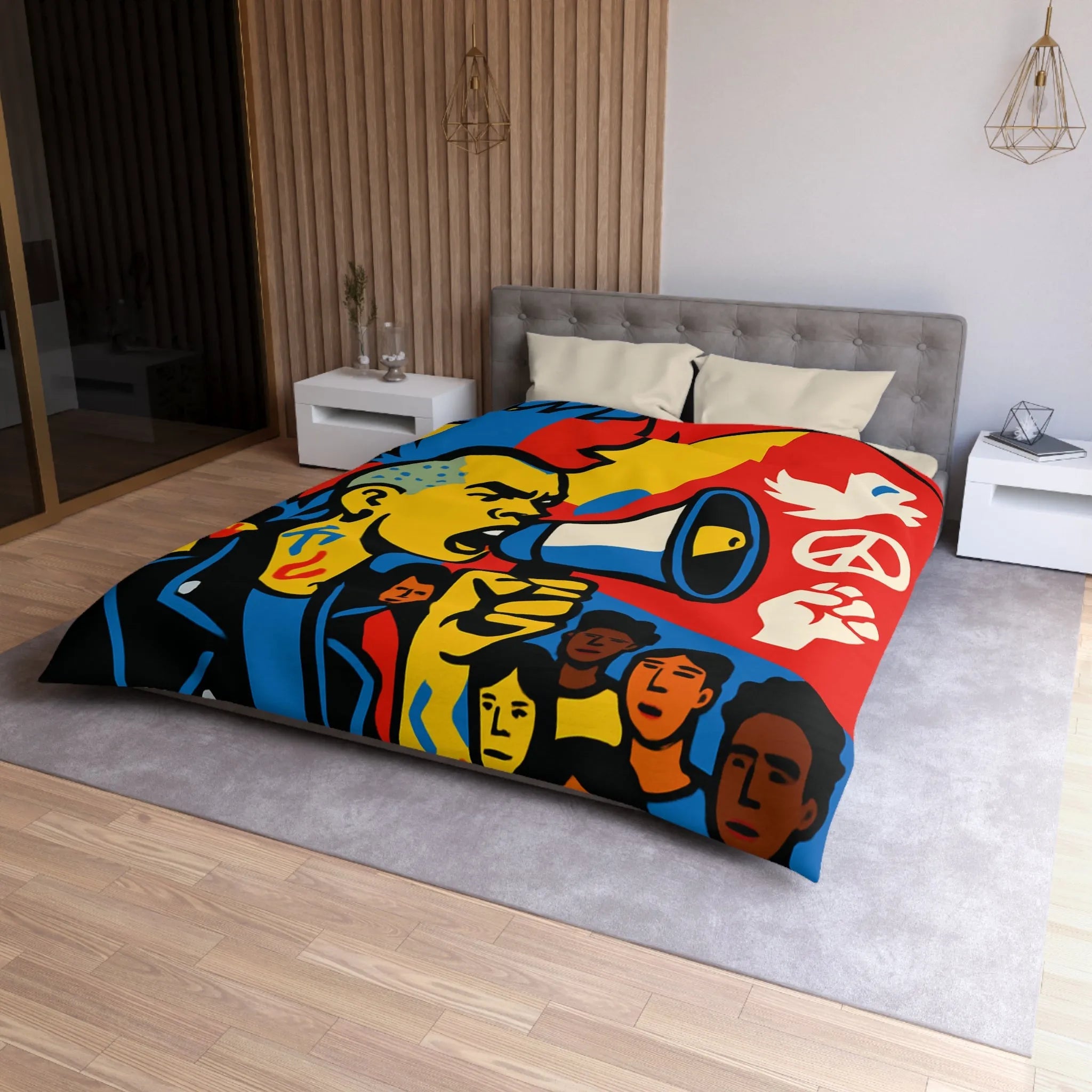 Housse de couette colorée avec illustration dynamique de manifestant engagé pour la paix