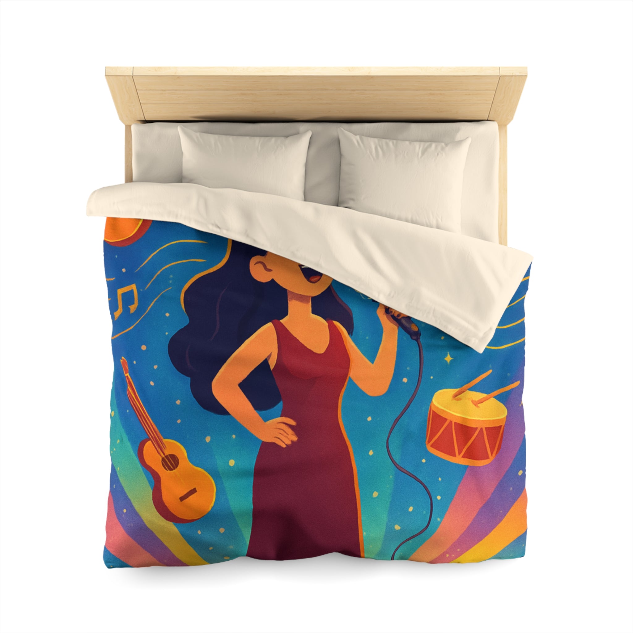 Housse de couette vibrante avec scène musicale, chanteuse et instruments illustrés colorés