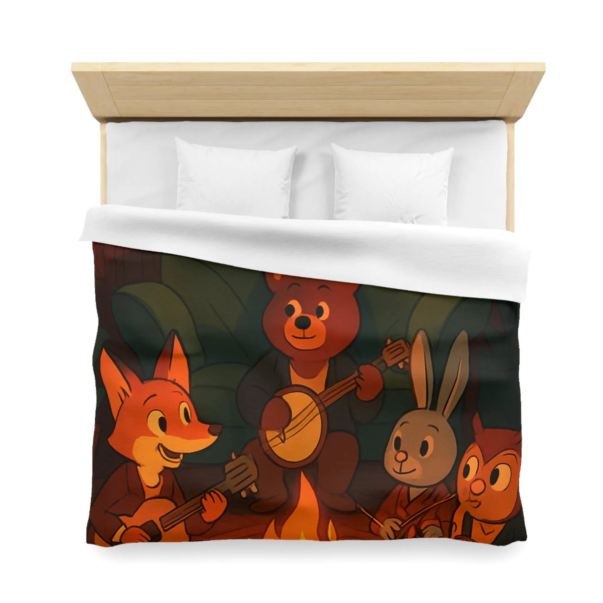 Housse de Couette Animaux Musiciens Autour Feu de Camp Ambiance Cosy pour Chambre Enfant