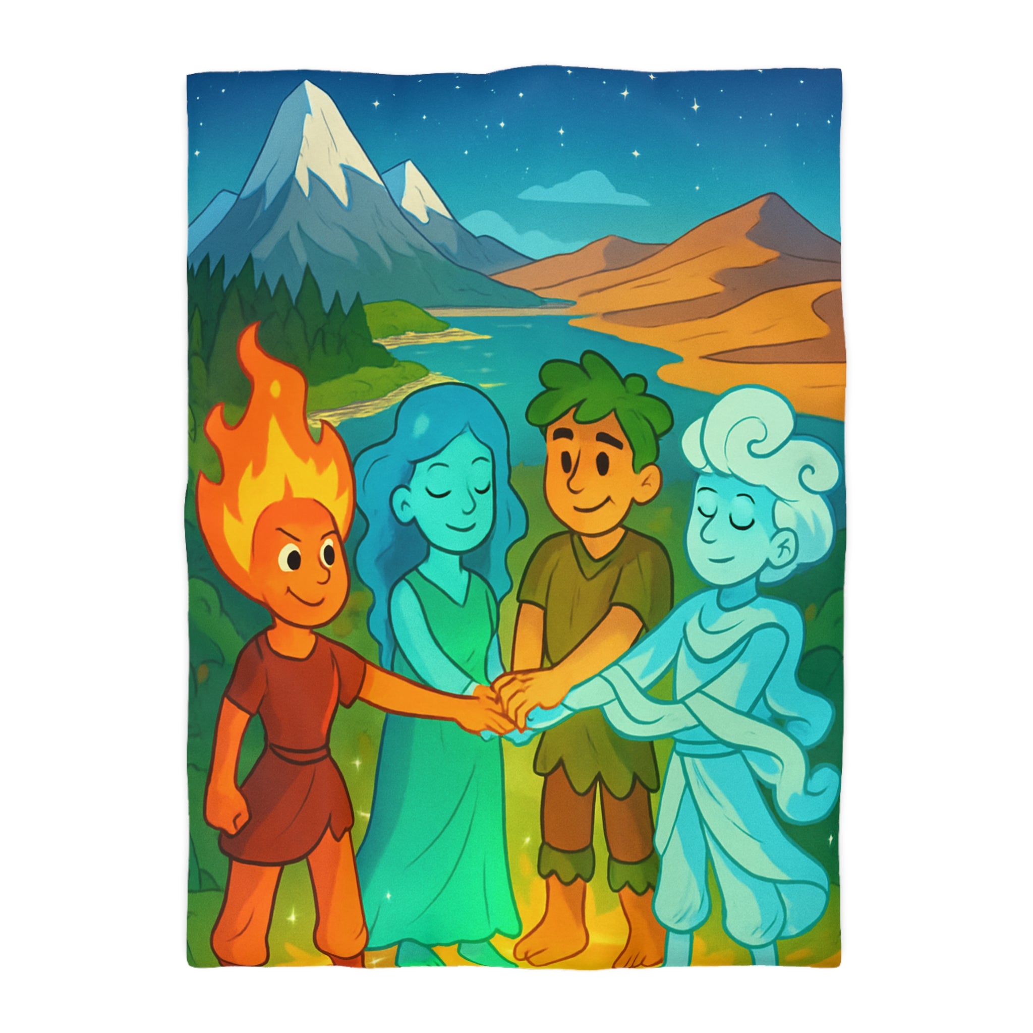 Housse de Couette Nature Enchantée avec Éléments Terre, Feu, Air et Eau Unifiés