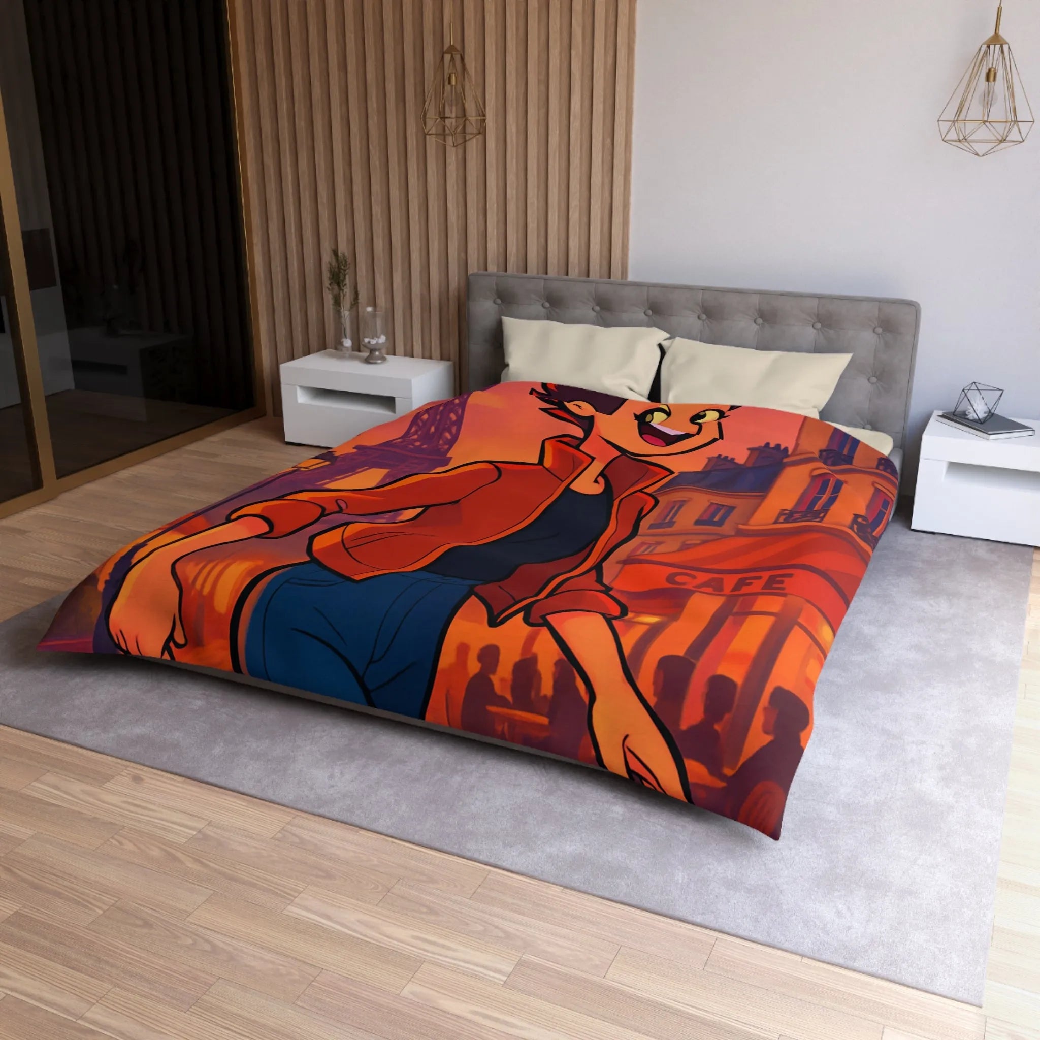 Housse de couette colorée avec illustration parisienne animée d'une silhouette joyeuse