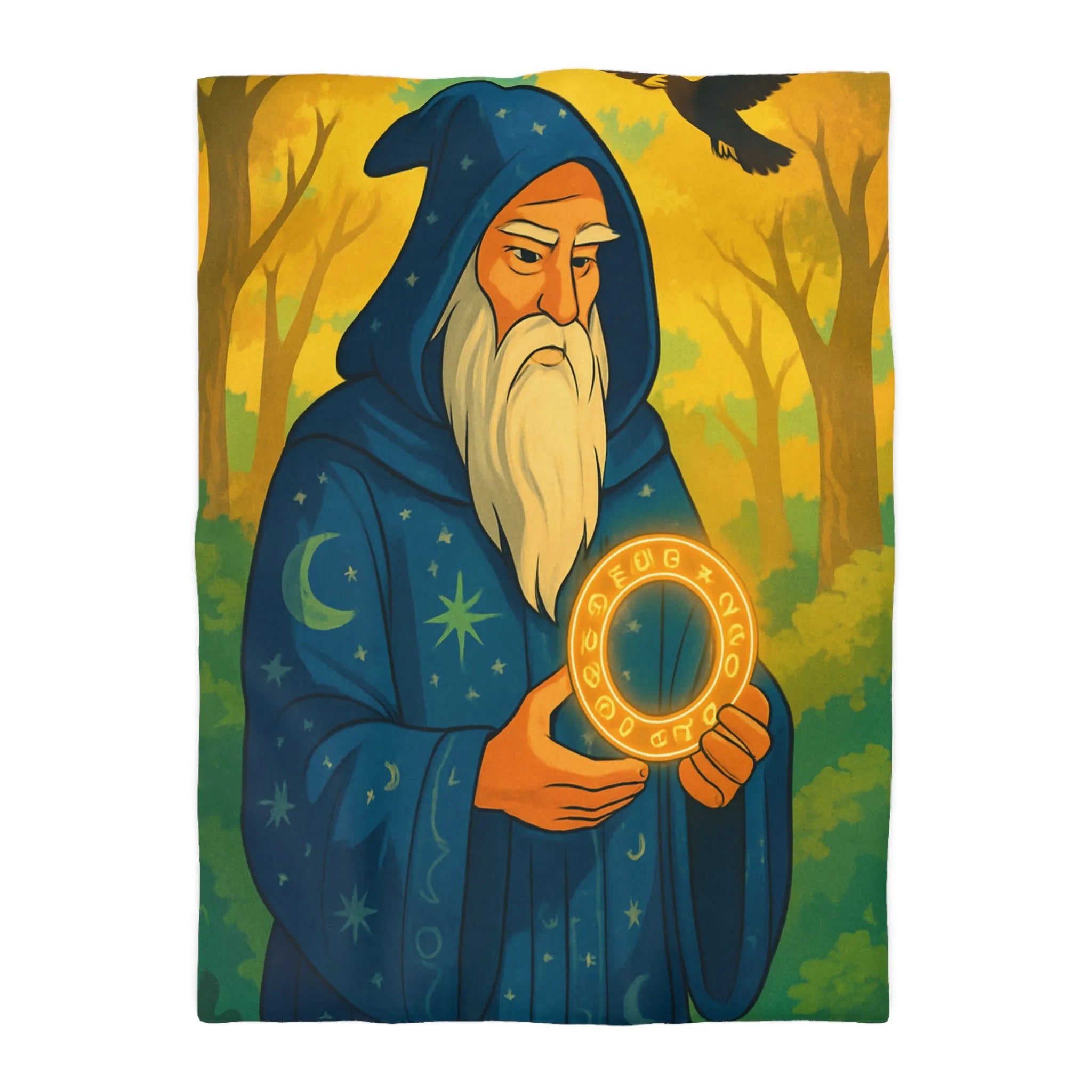 Housse de couette enchantée avec mage en forêt et cercle lumineux mystérieux